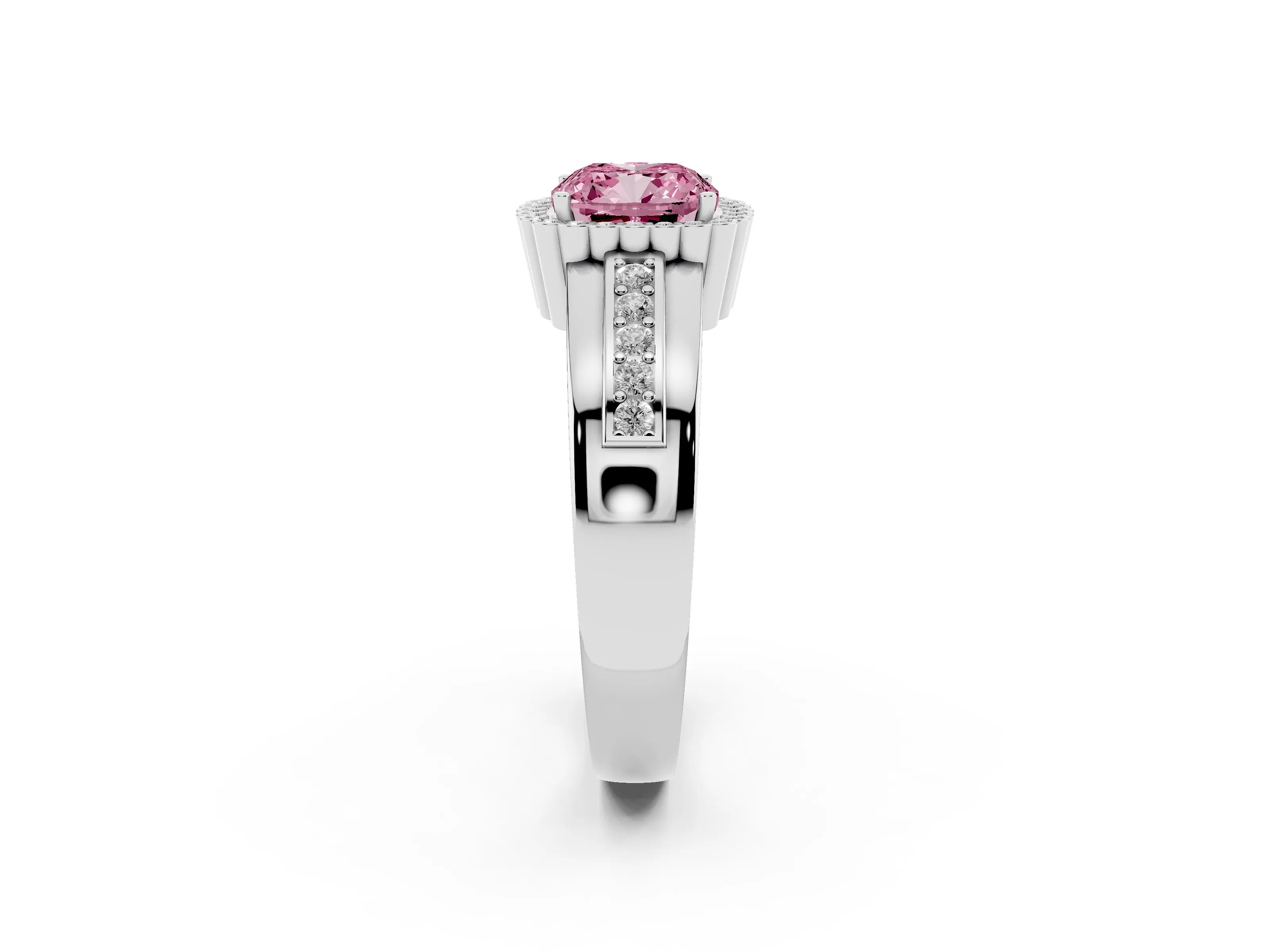 Fancy Pink Cushion Cut Diamond Halo Prong Ring Set in Platinum with Pavé Band