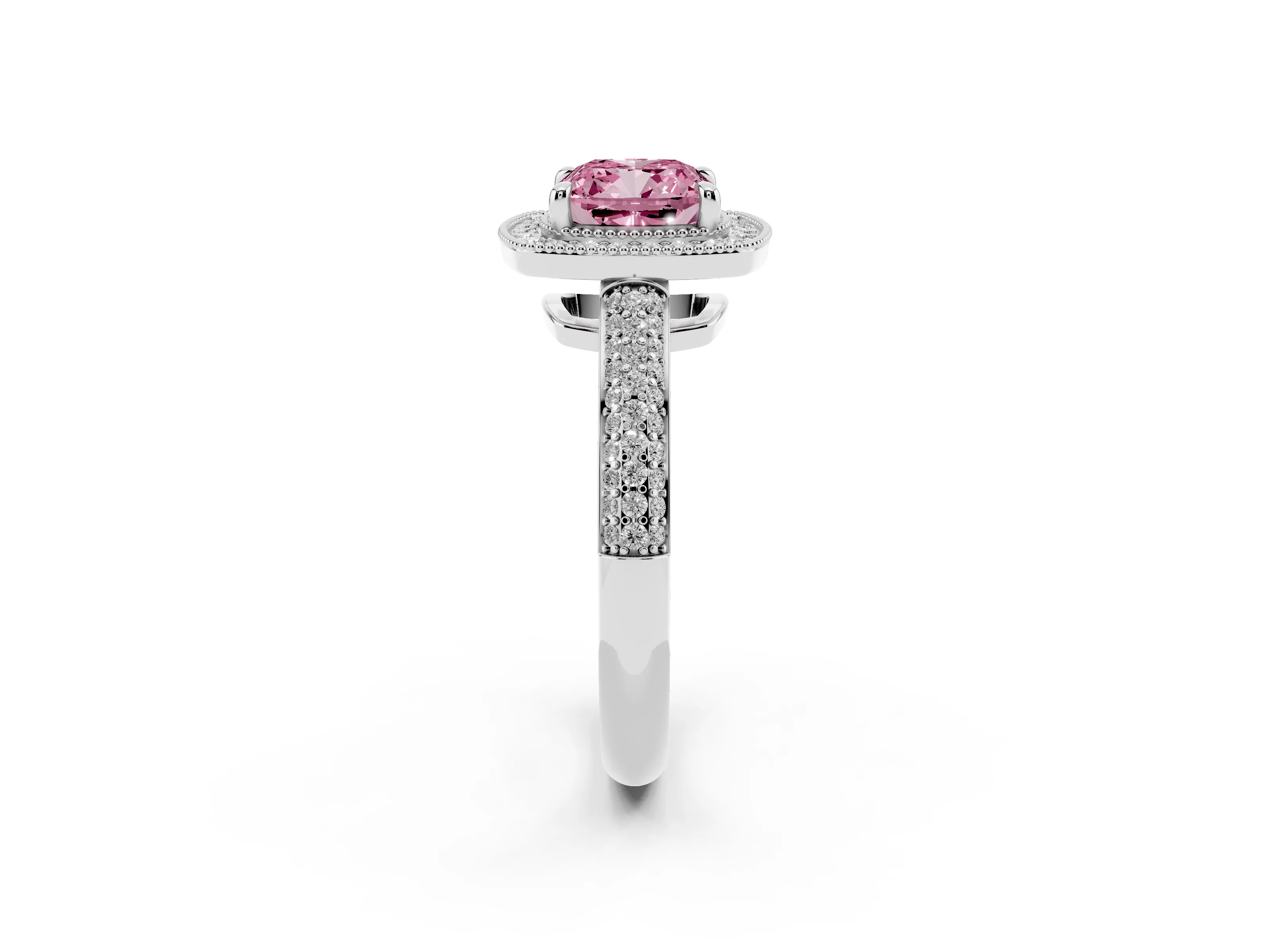 Fancy Pink Cushion Cut Diamond Halo Pavé Band Set in Platinum with Prong Setting