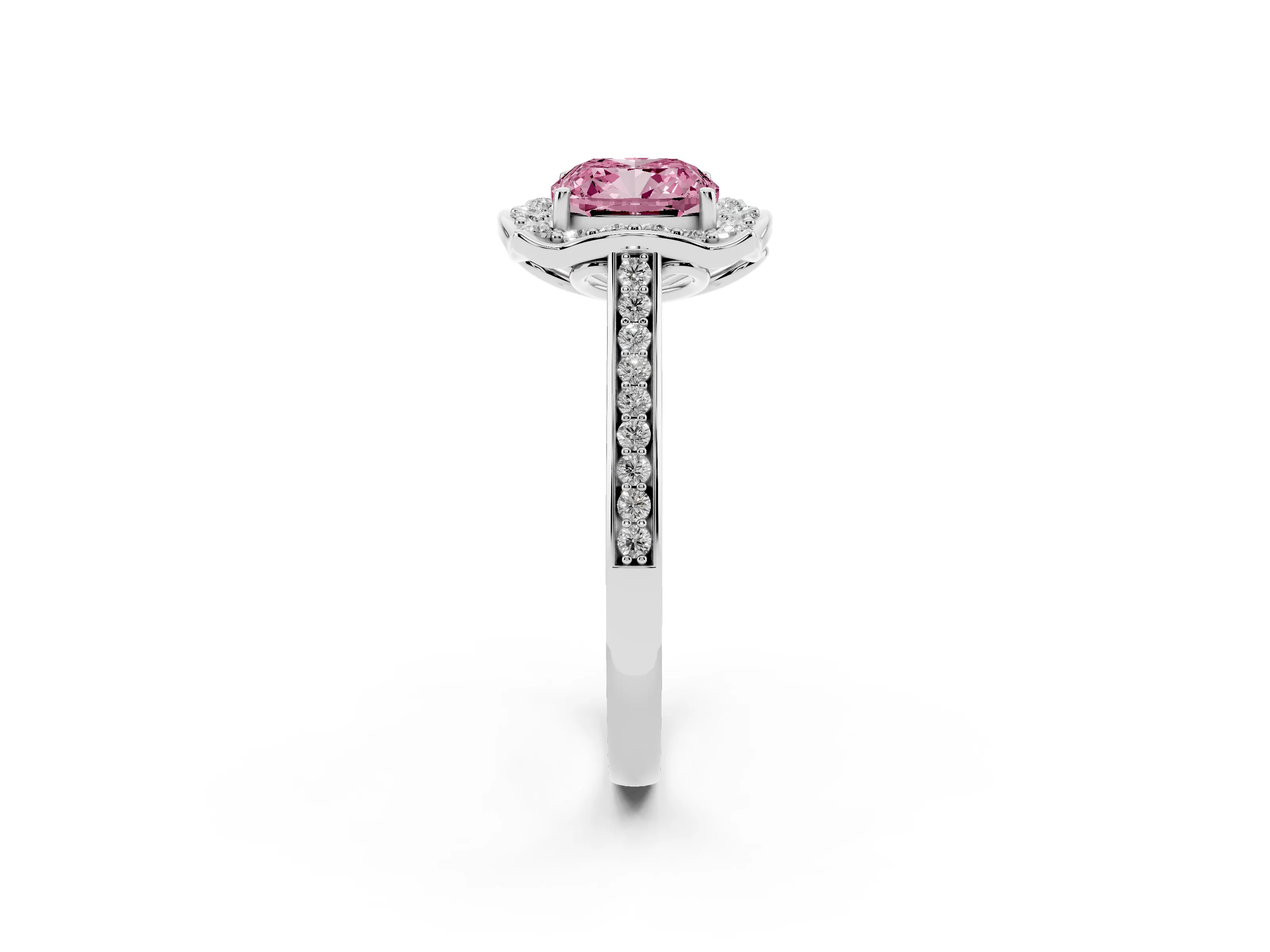 Fancy Pink Cushion Cut Diamond Halo Ring Set in White gold with Pavé-Lined Shoulders and Prong Setting