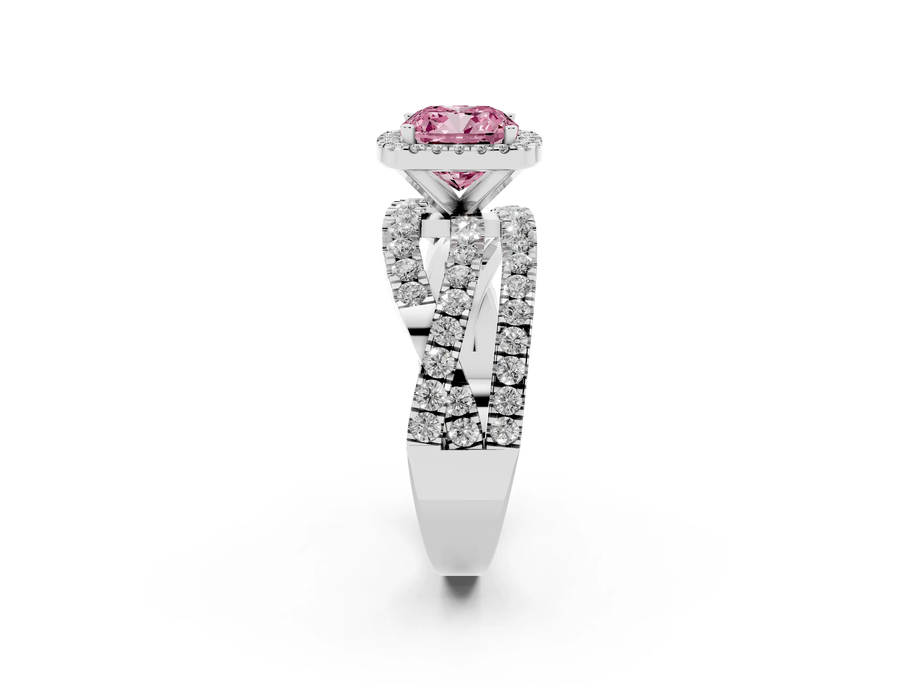 Fancy Pink Cushion Cut Diamond Halo Ring Set in Platinum with Round Crossover Split Shank and Prong Setting