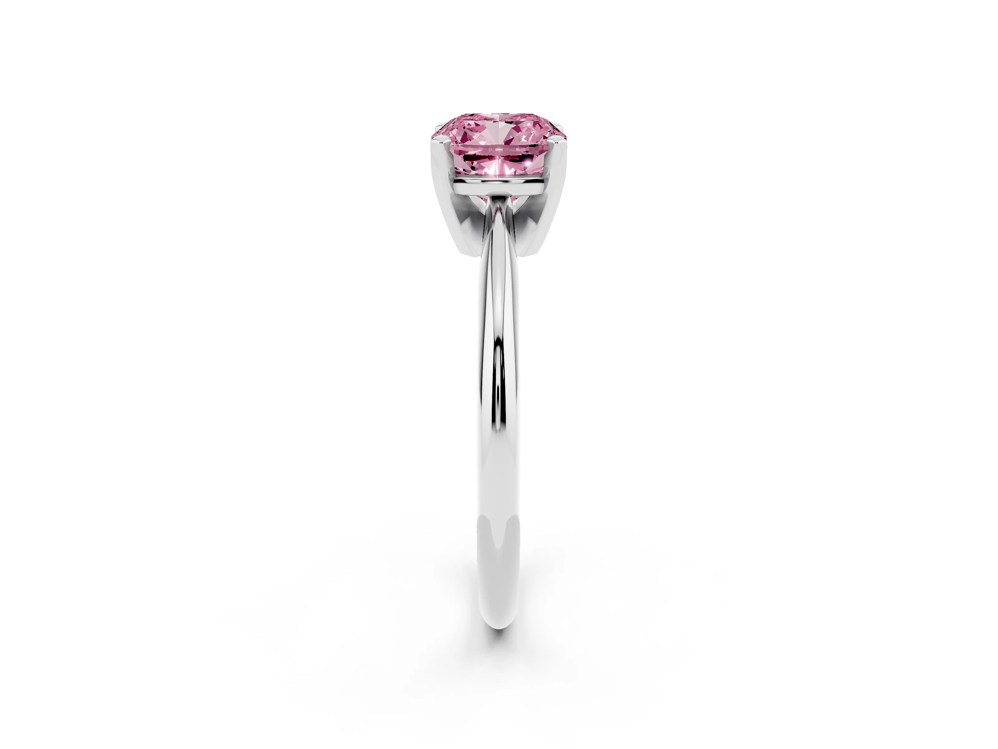Fancy Pink Cushion Cut Diamond Solitaire Ring Set in Platinum with Prong Setting on a Plain Round Band