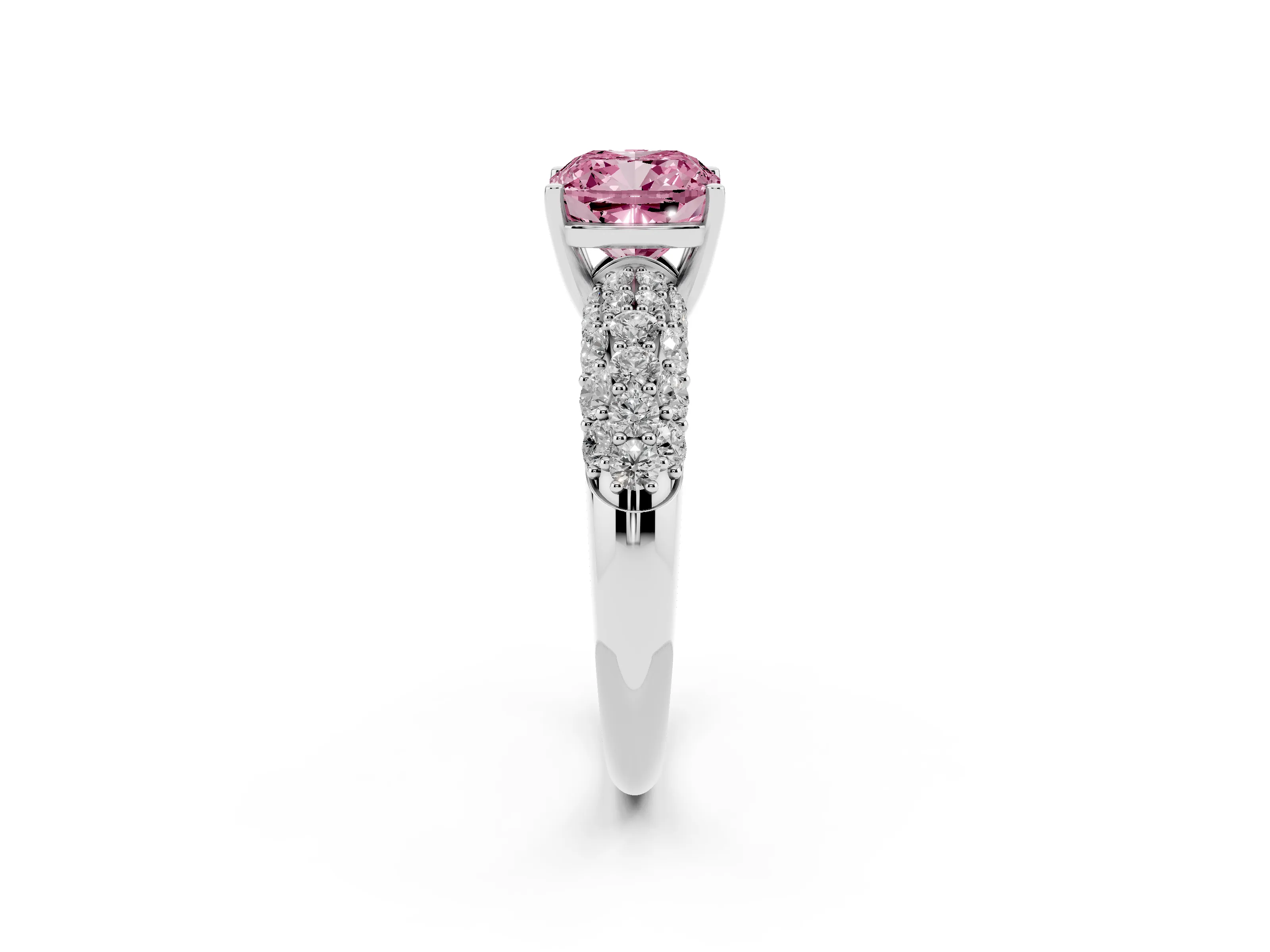 Fancy Pink Cushion Cut Diamond Pavé Band Solitaire Ring Set in White gold with Close-Set Accent Stones and Prong Setting