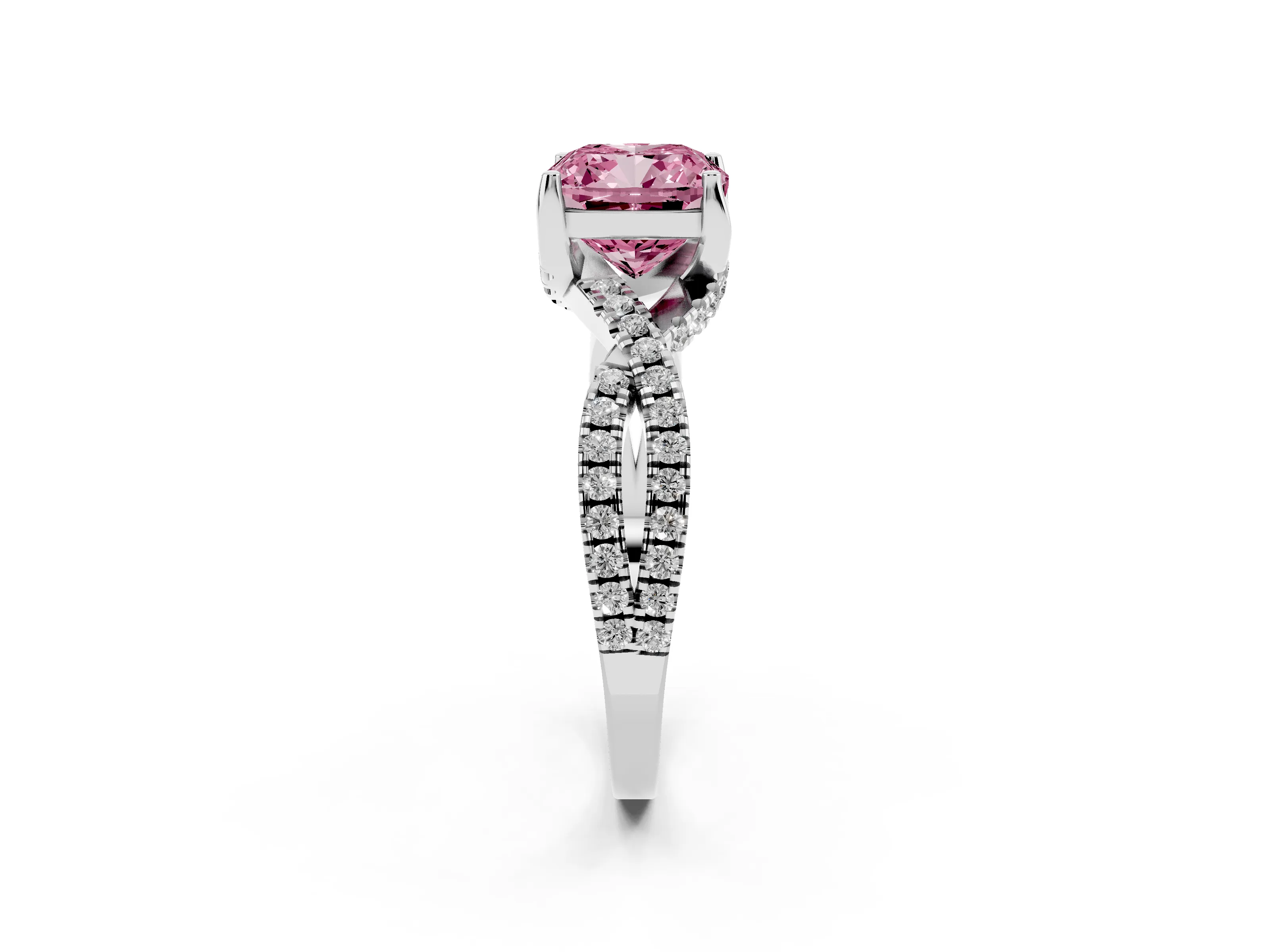 Fancy Pink Cushion Cut Diamond Twist Pavé Solitaire Engagement Ring Set in White gold with Prong Setting