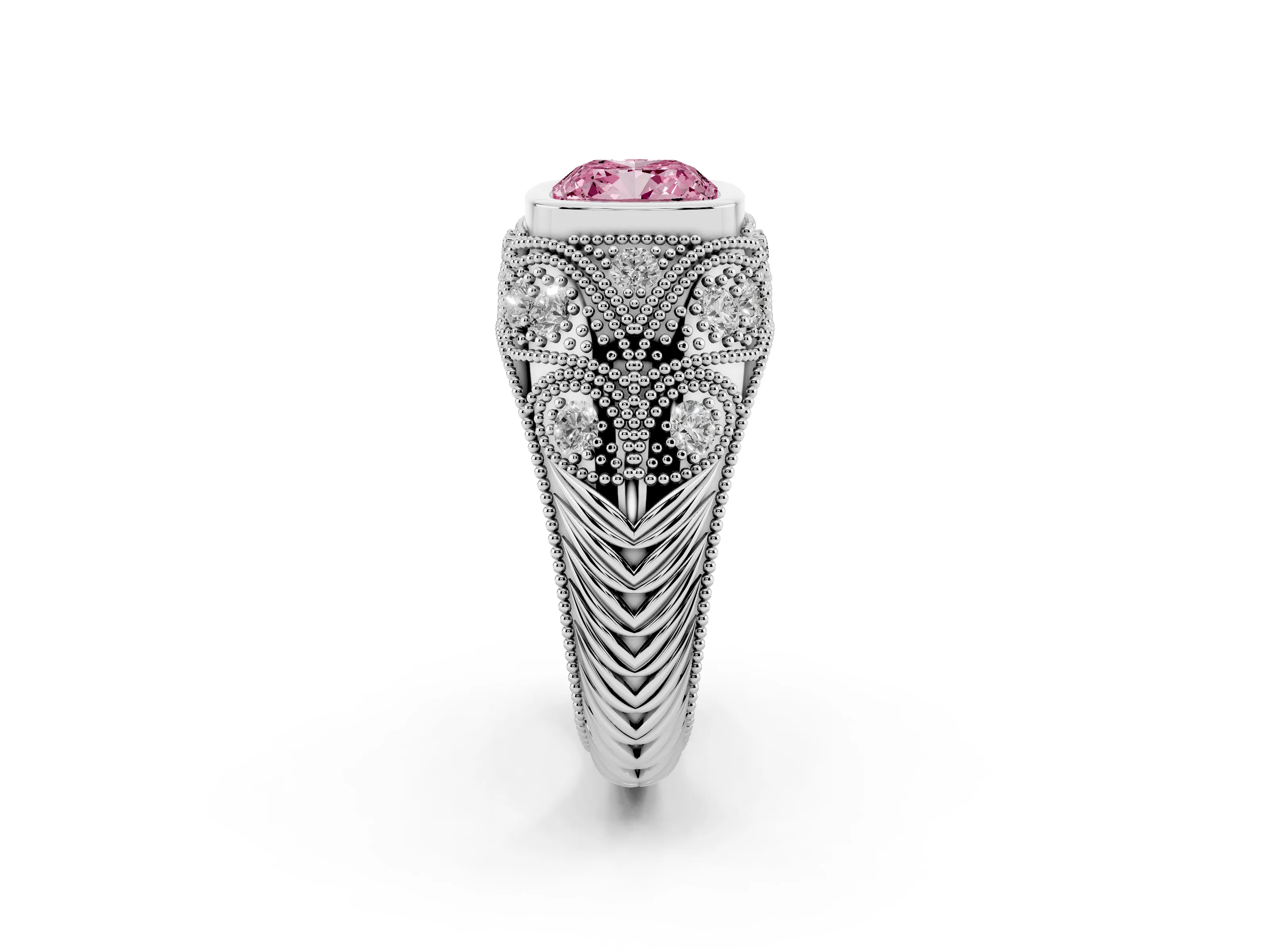 Fancy Pink Cushion Cut Diamond Bezel Ring Set in Silver with Milgrain Accent Band