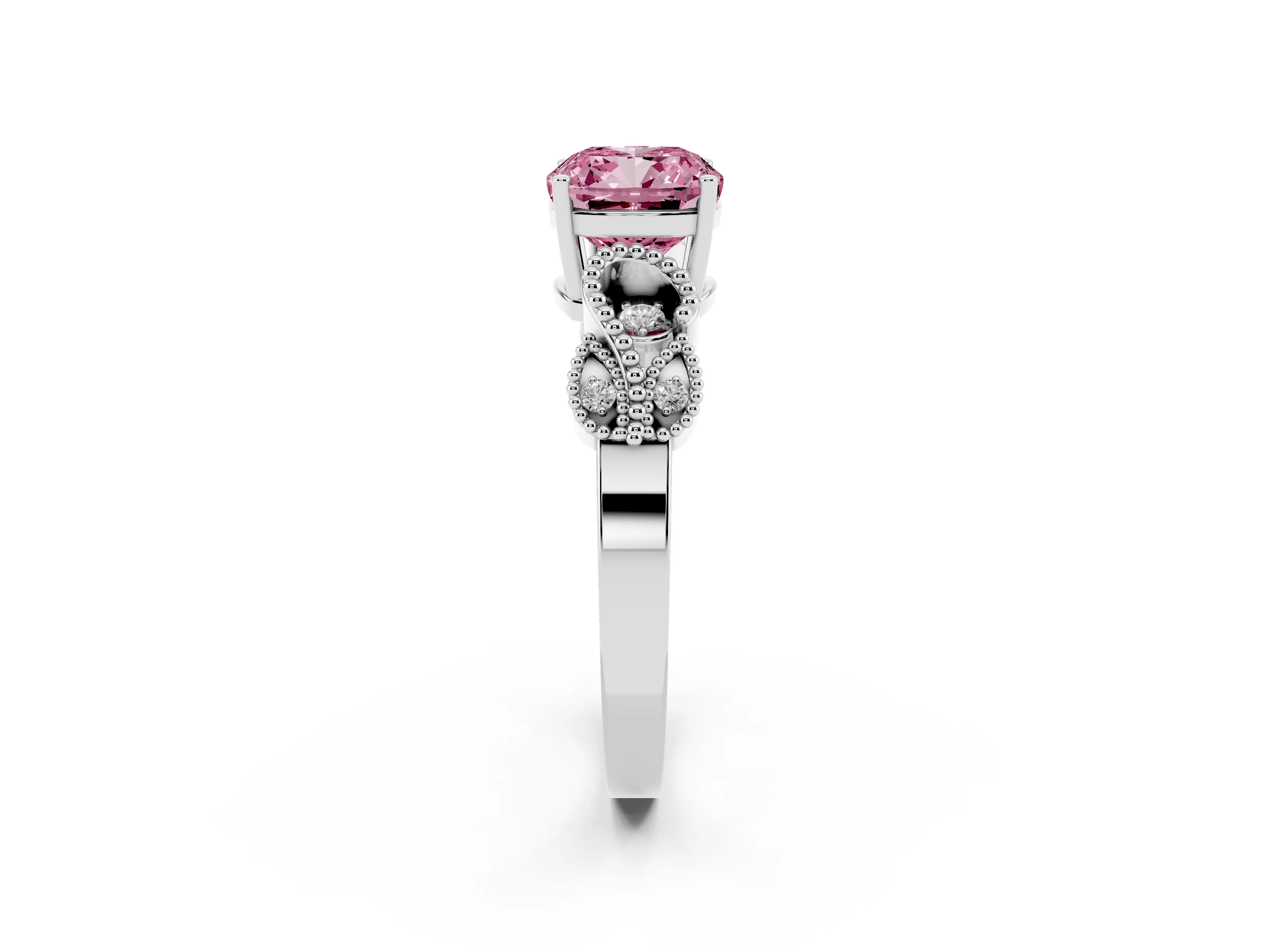Fancy Pink Cushion Cut Diamond Milgrain Leaf Band Solitaire Ring Set in Platinum with Accent Stones and Prong Setting
