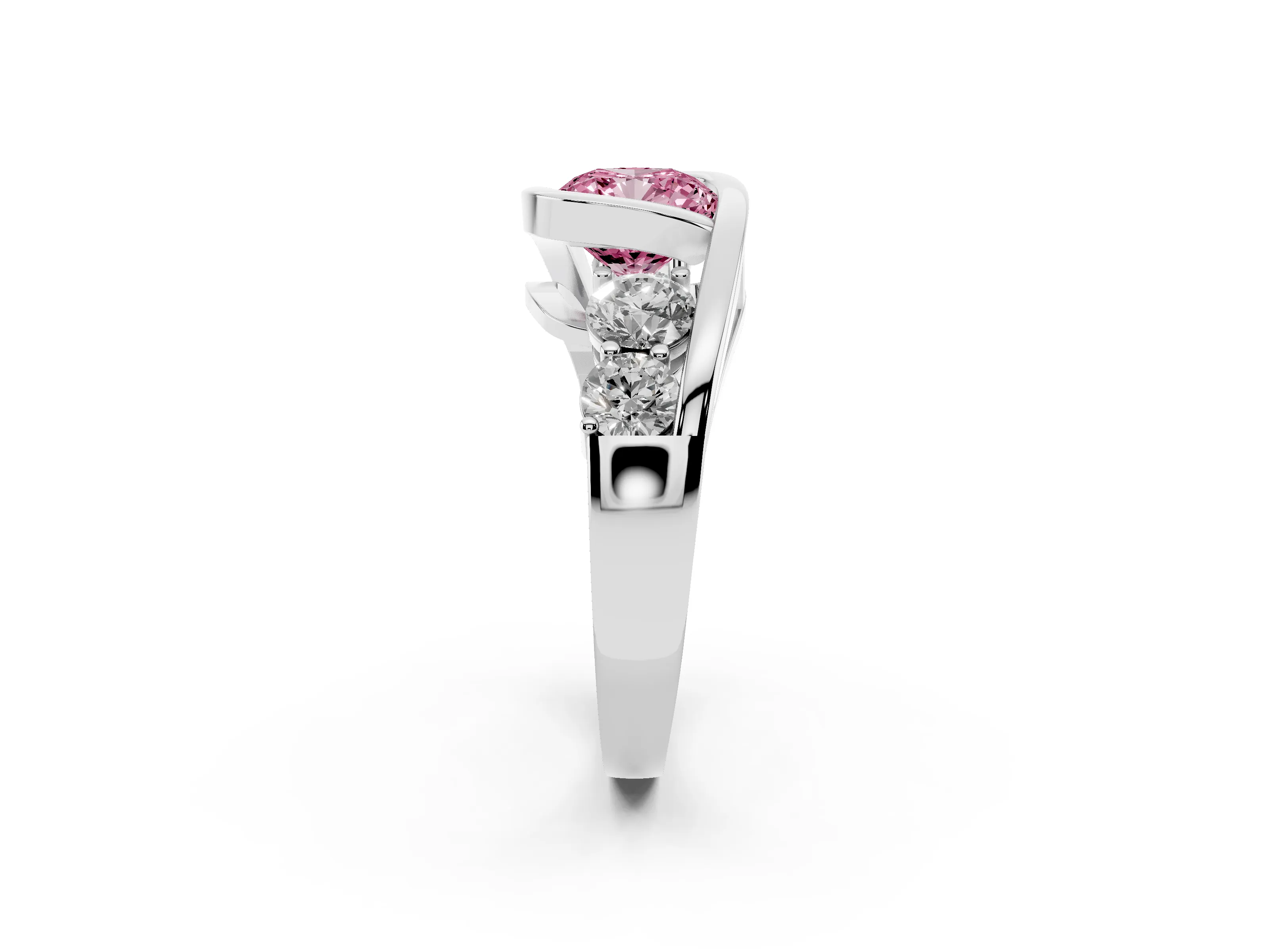 Fancy Pink Cushion Cut Diamond Bezel Bypass Ring Set in Silver with Round Accents