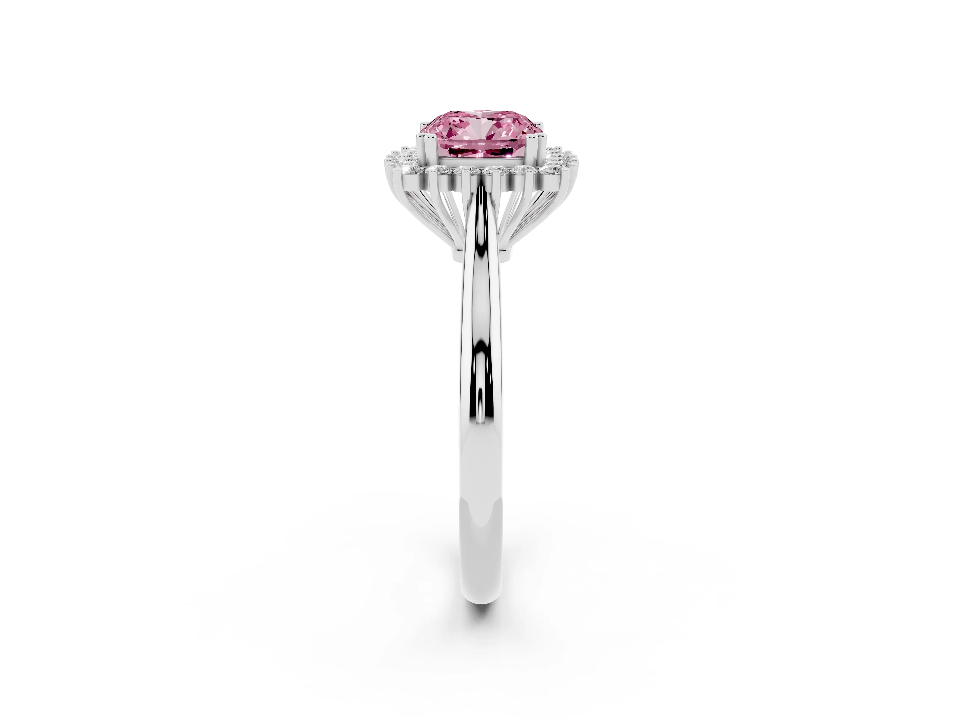 Fancy Pink Cushion Cut Diamond Halo Ring Set in White gold with Plain Solitaire Band and Prong Setting