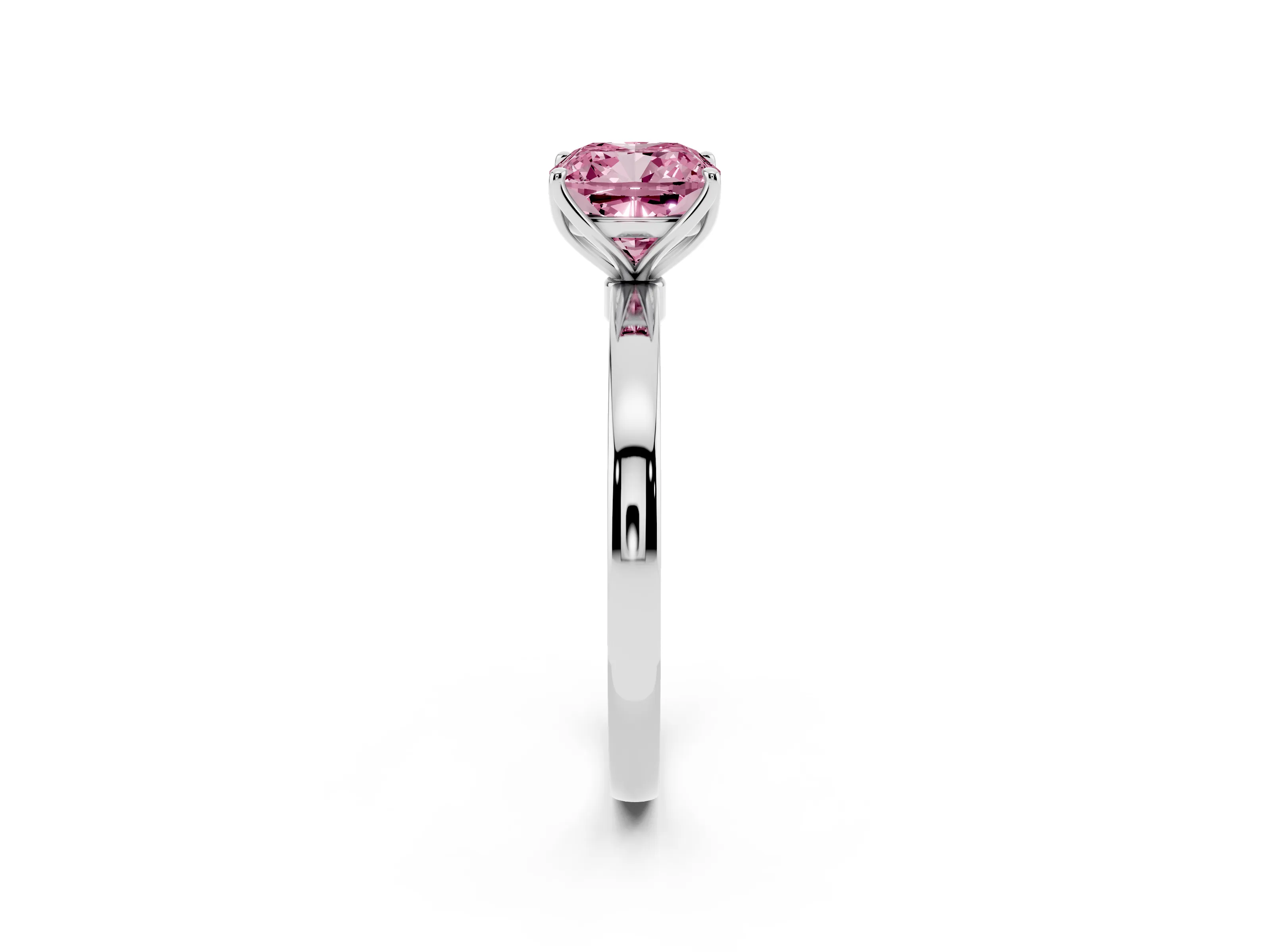 Fancy Pink Cushion Cut Diamond Solitaire Ring Set in White gold with Prong Setting and Thin Polished Band