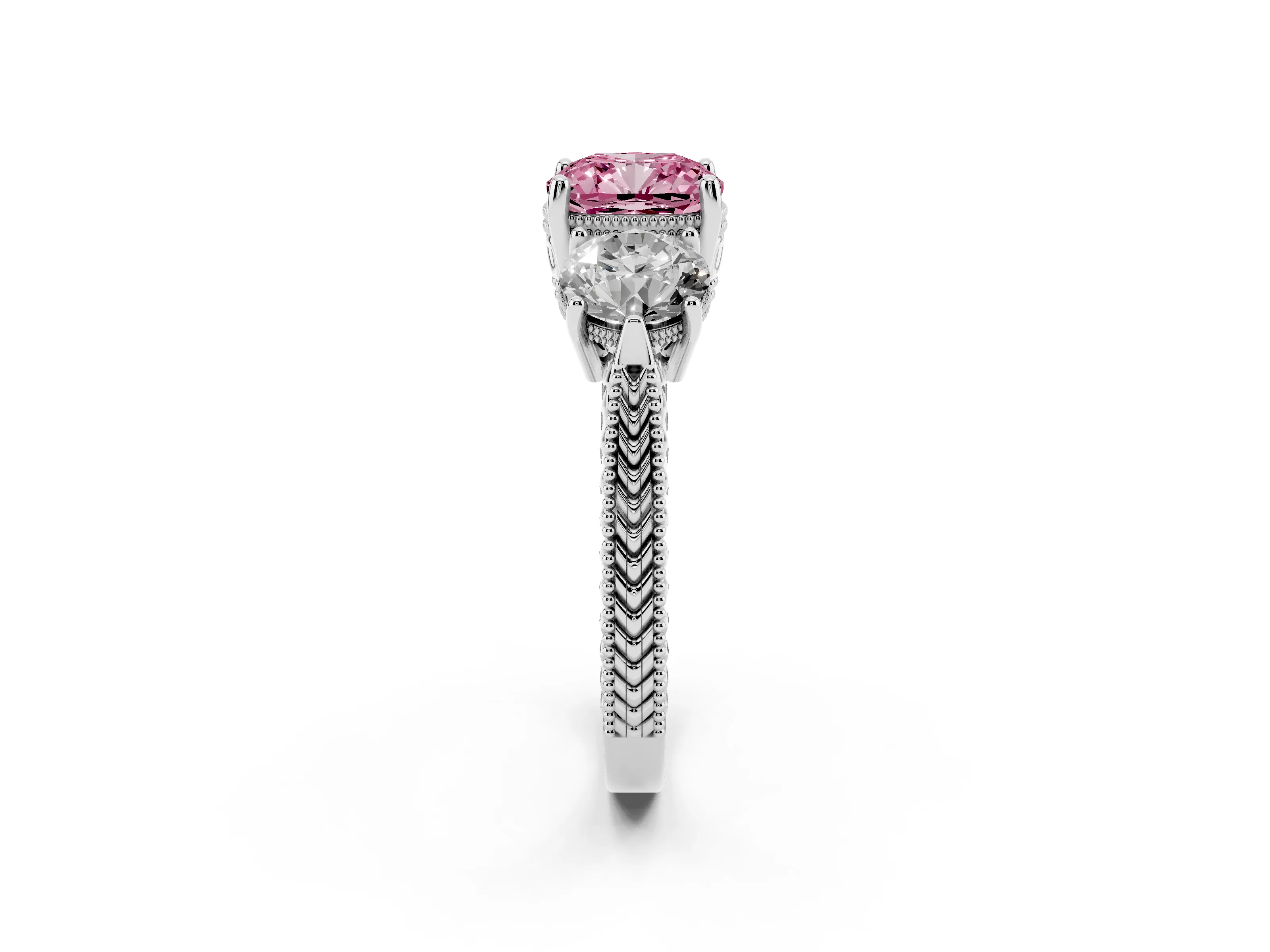 Fancy Pink Cushion Cut Diamond Three-Stone Ring Set in Silver with Milgrain Band