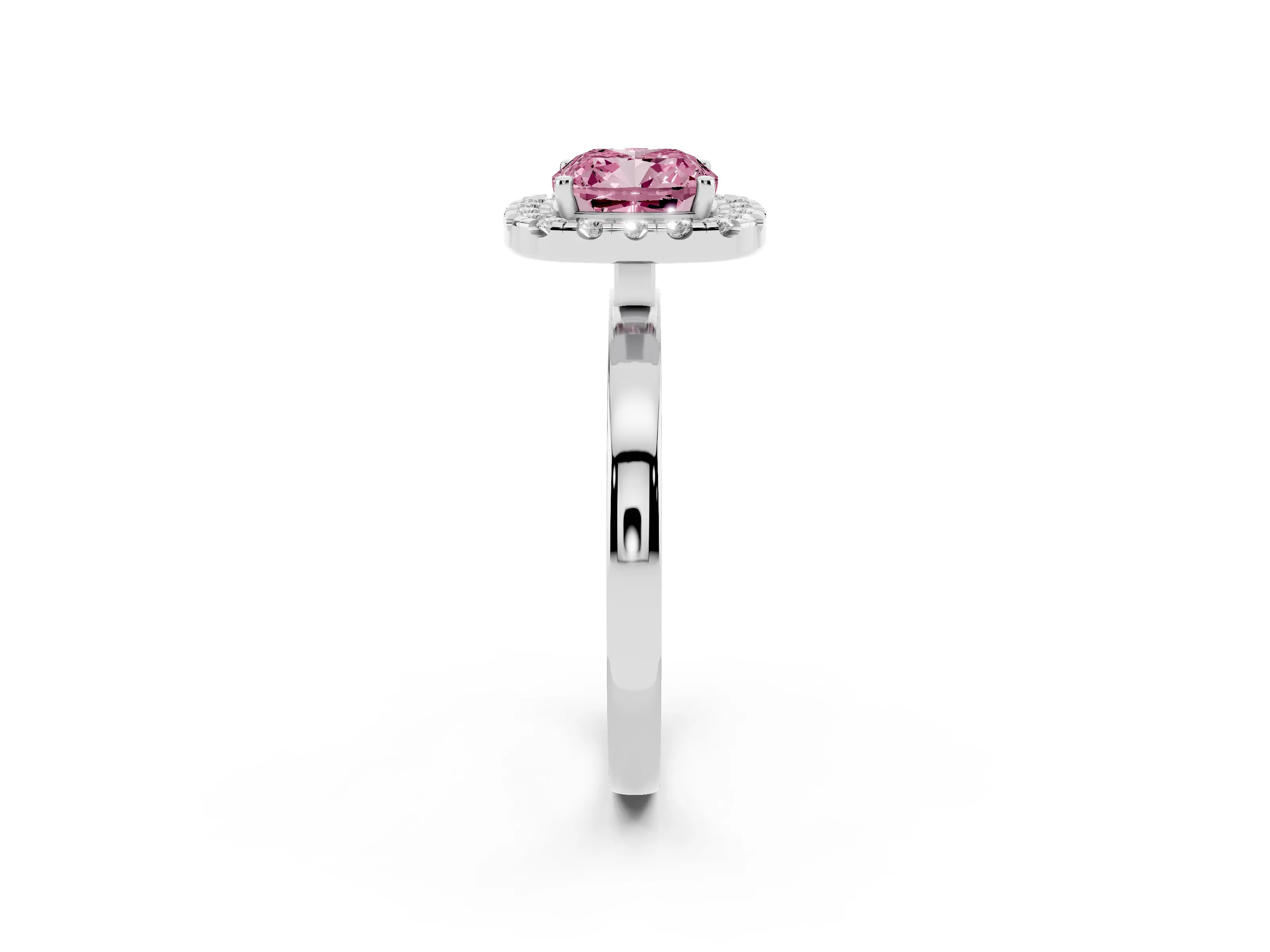 Fancy Pink Cushion Cut Diamond Halo Solitaire Ring Set in Silver with Pavé Band and Prong Setting