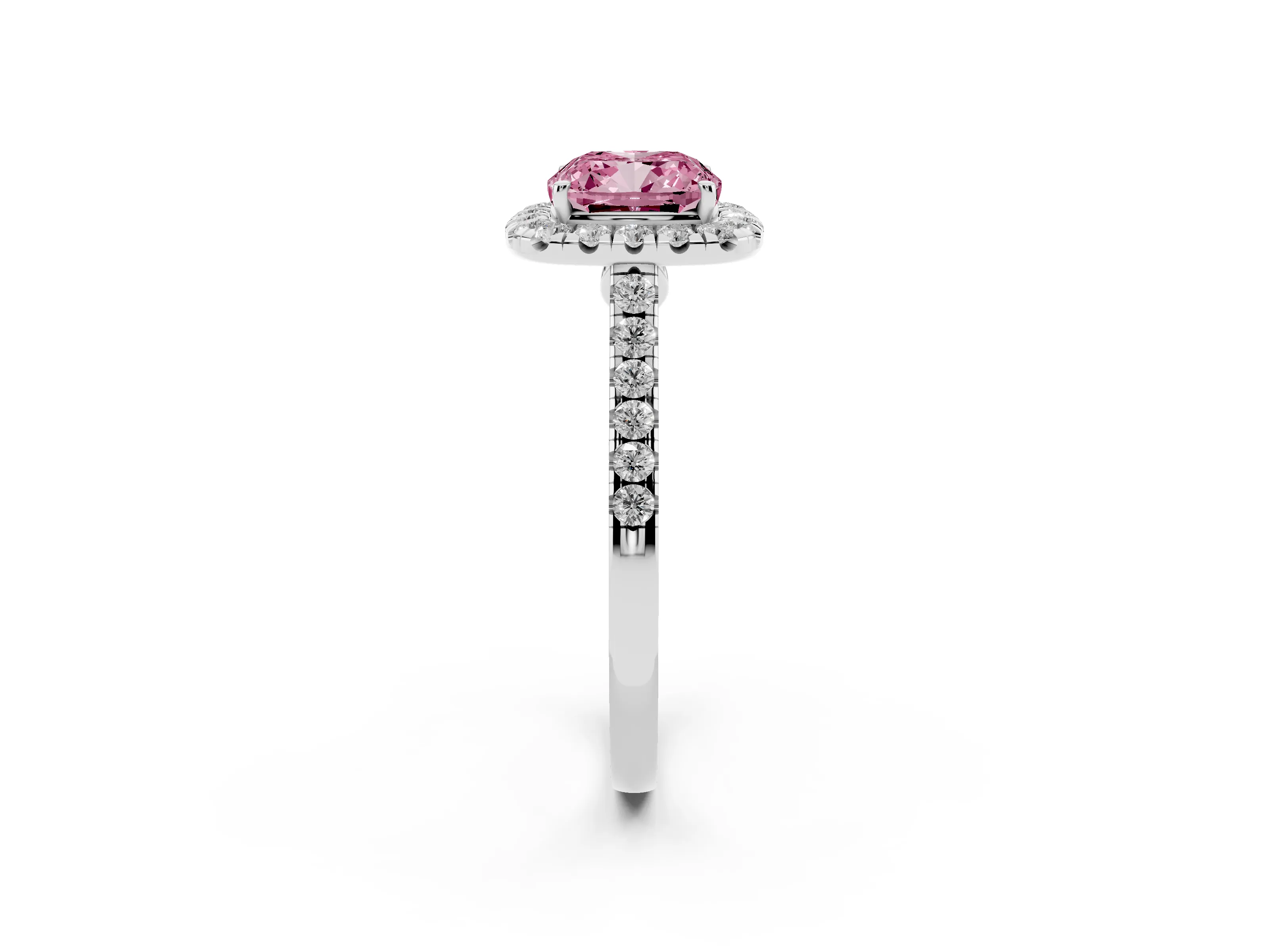Fancy Pink Cushion Cut Diamond Halo Pavé Engagement Ring Set in White gold with Prong Setting