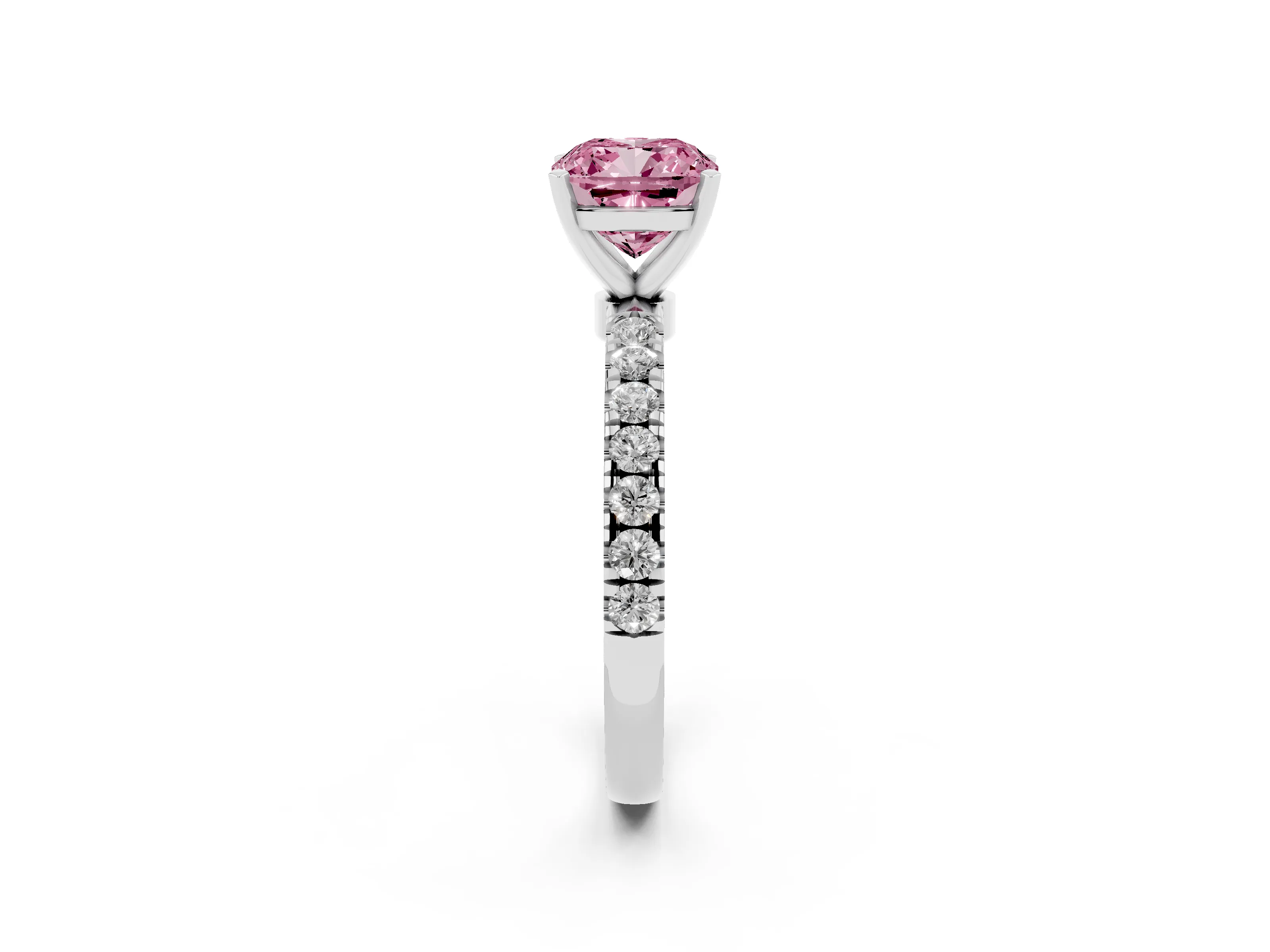 Fancy Pink Cushion Cut Diamond Solitaire Ring Set in Silver with Pavé Accents and Prong Setting