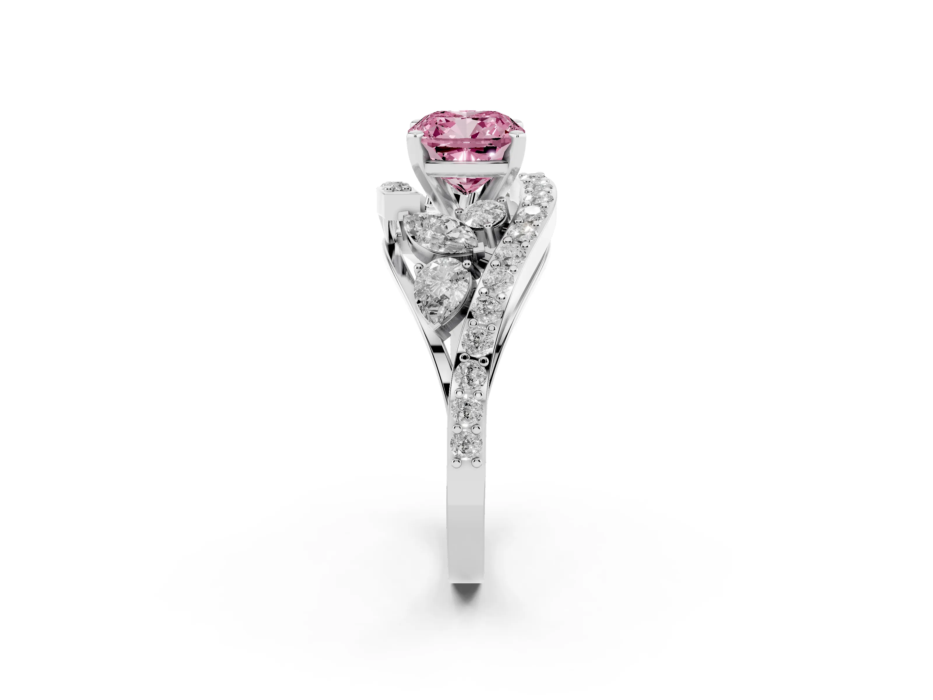 Fancy Pink Cushion Cut Diamond Halo Ring Set in Platinum with Marquise and Pavé Band in Prong Setting