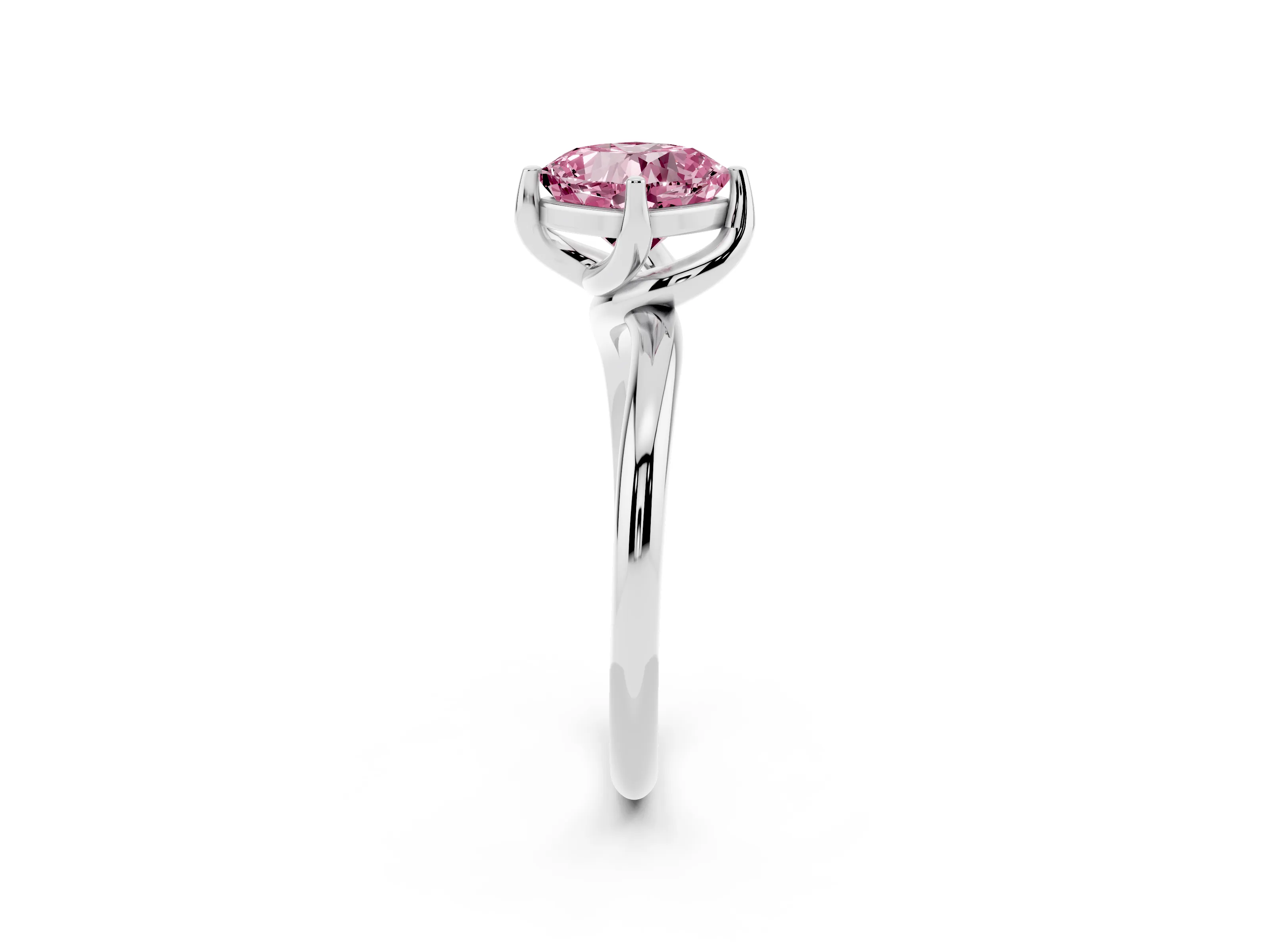 Fancy Pink Cushion Cut Diamond Solitaire Engagement Ring Set in Platinum with Classic Plain Band