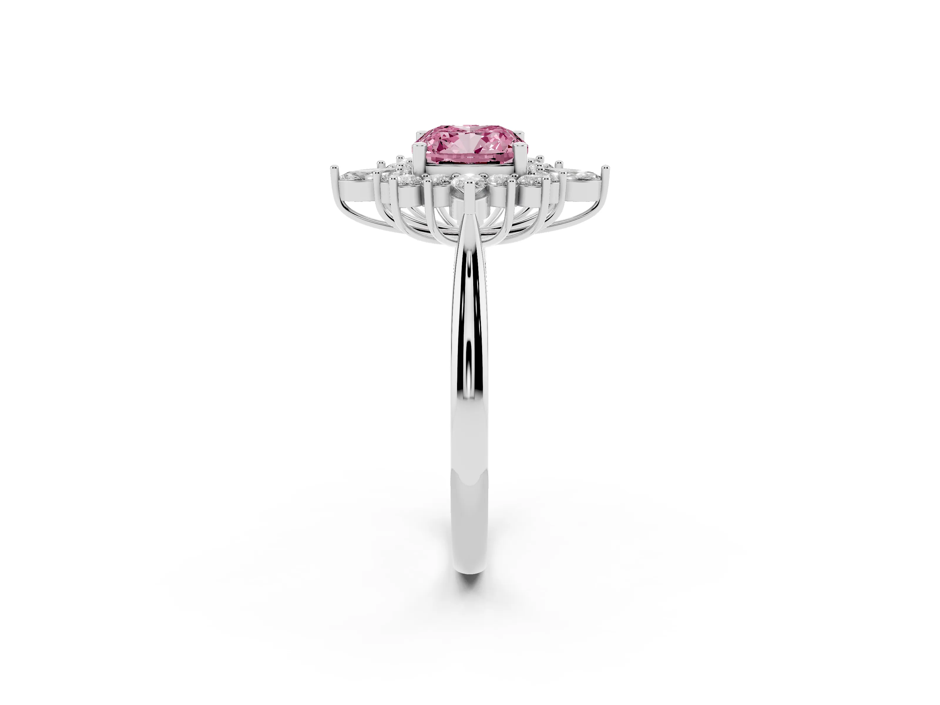 Fancy Pink Cushion Cut Diamond Cluster Halo Ring Set in White gold with Marquise and Round Accents