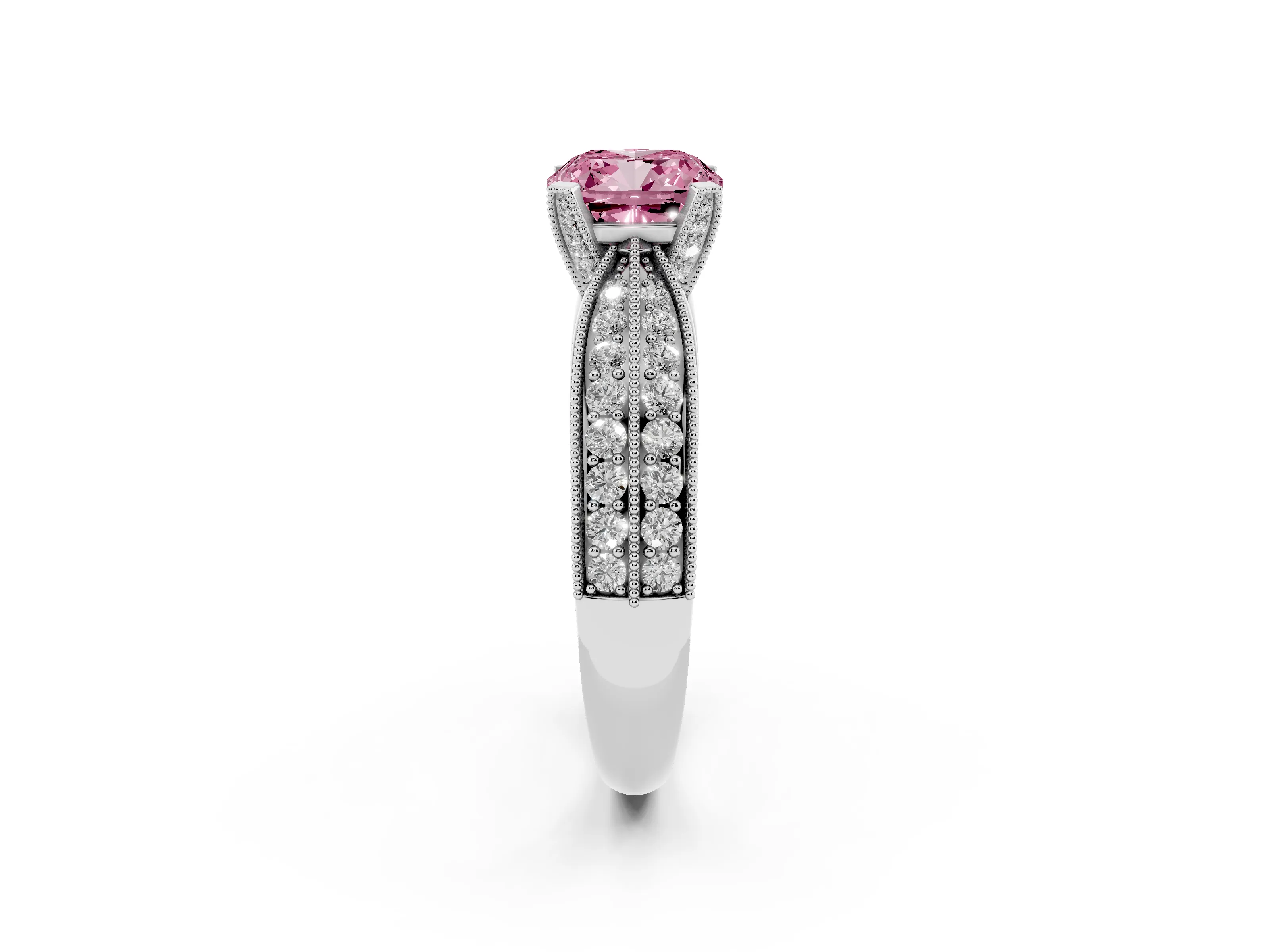 Fancy Pink Cushion Cut Diamond Solitaire Ring Set in Platinum with Milgrain Double Row Round Pavé Band