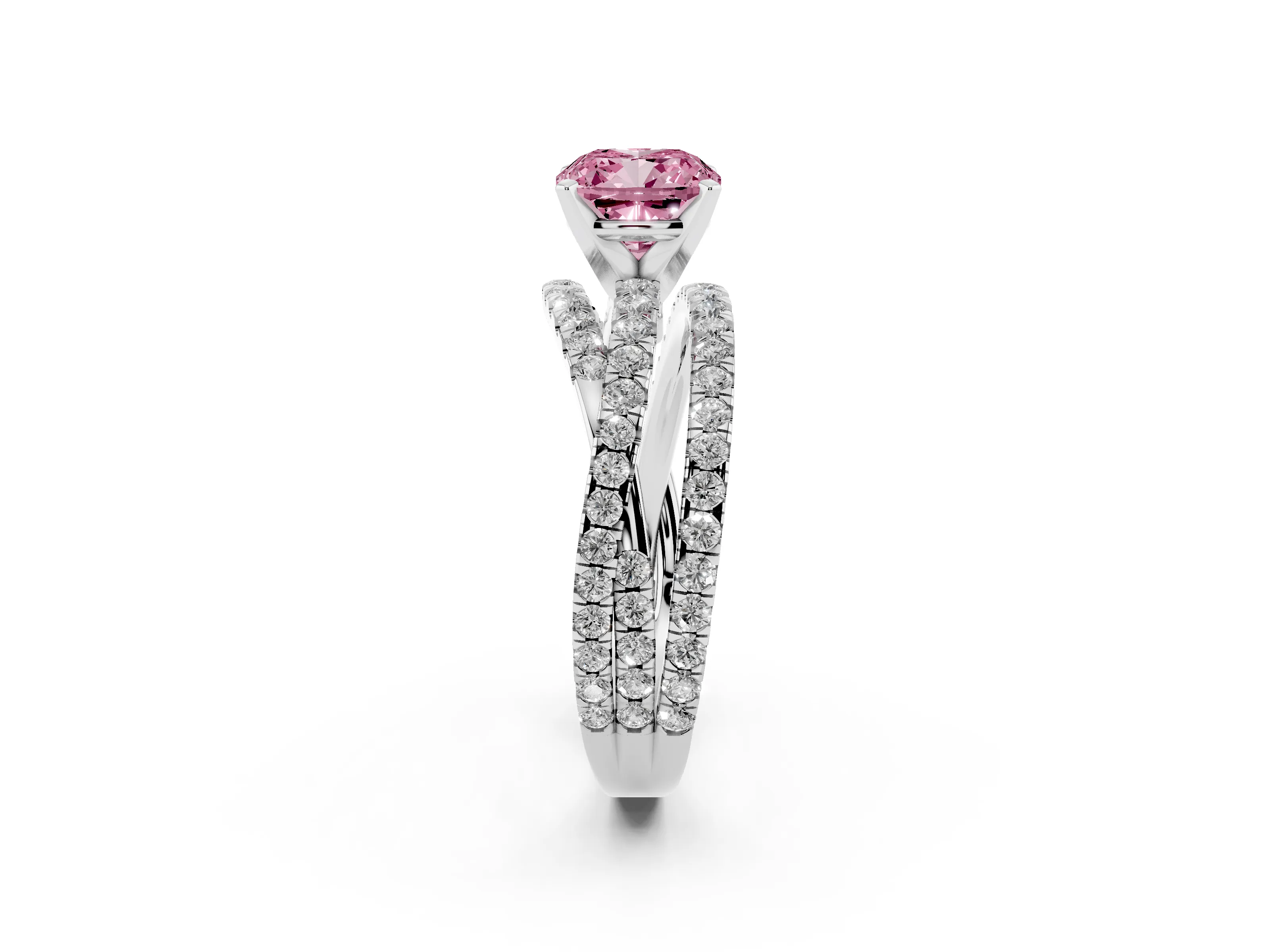 Fancy Pink Cushion Cut Diamond Solitaire Twist Band Ring Set in Platinum with Pavé Setting and Prong Head