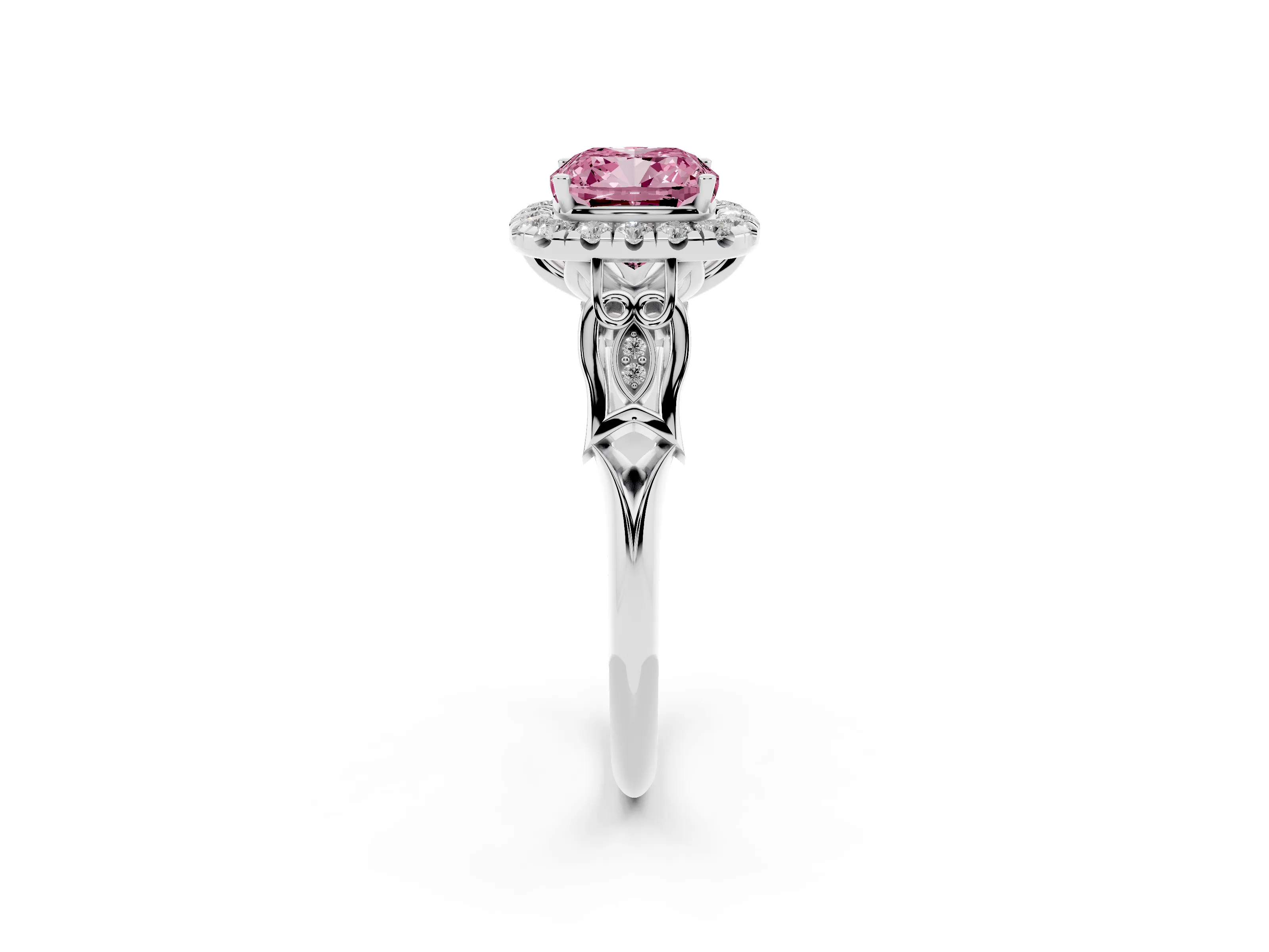Fancy Pink Cushion Cut Diamond Halo Engagement Ring Set in Platinum with Filigree Band and Prong-Set Center