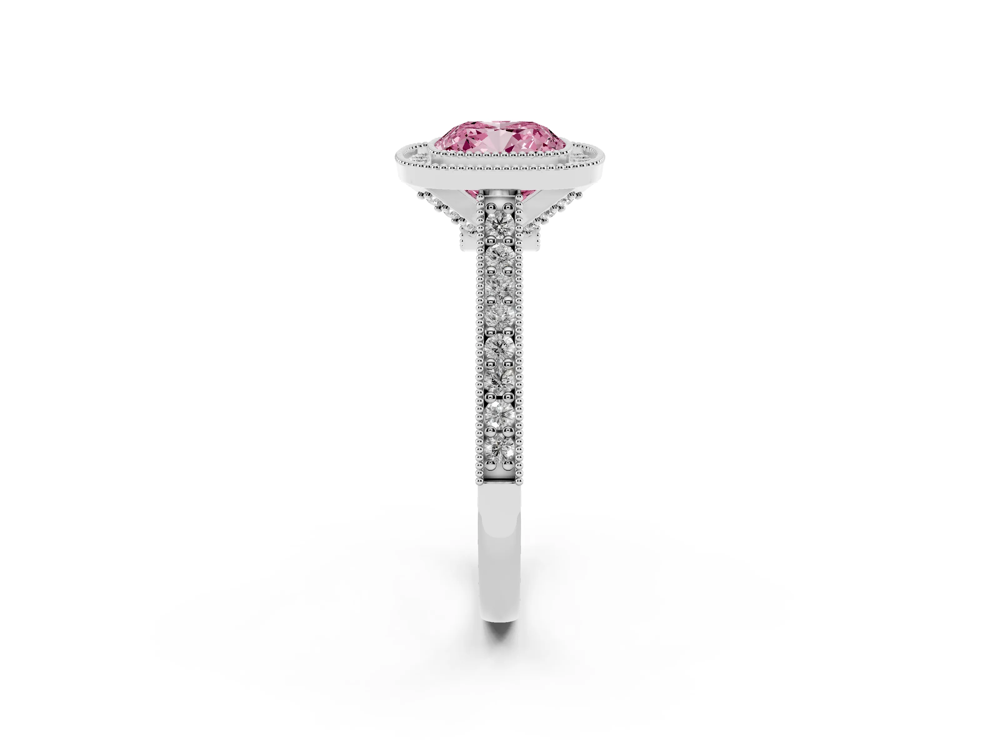 Fancy Pink Cushion Cut Diamond Halo Milgrain Pavé Band Ring Set in Silver with Prong Setting
