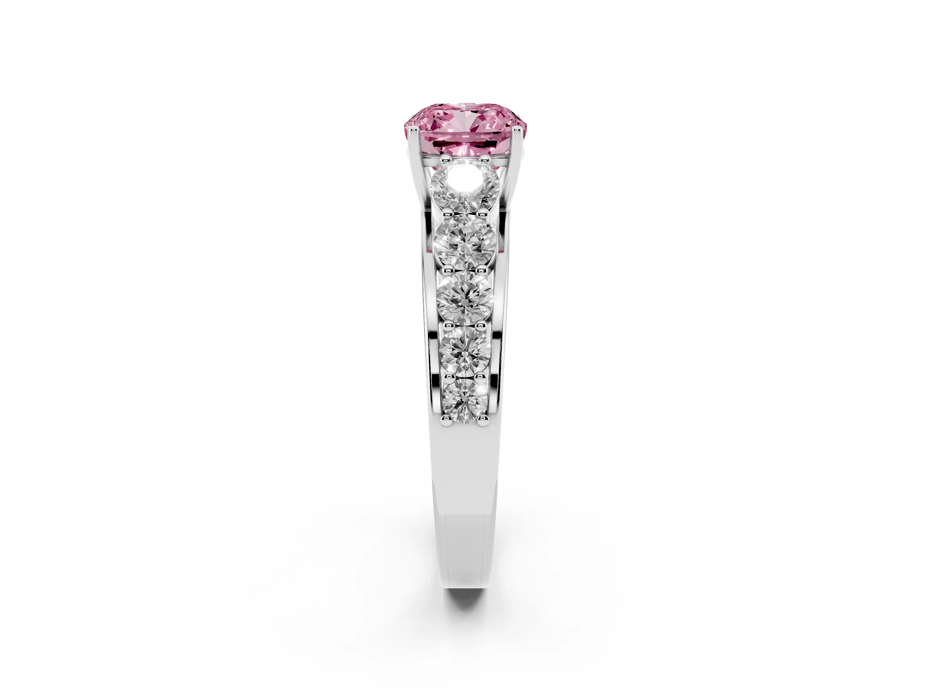 Fancy Pink Cushion Cut Diamond Solitaire Ring Set in Silver with Pavé-Set Band and Prong Setting