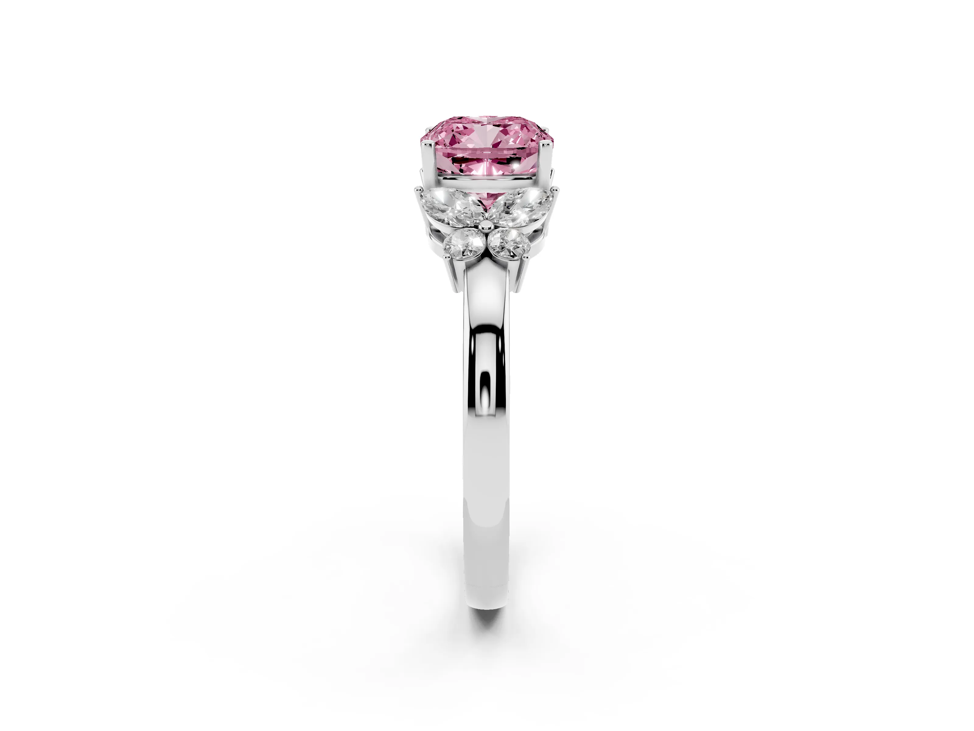 Fancy Pink Cushion Cut Diamond Solitaire Floral Ring Set in White gold with Marquise Petals and Prong Setting