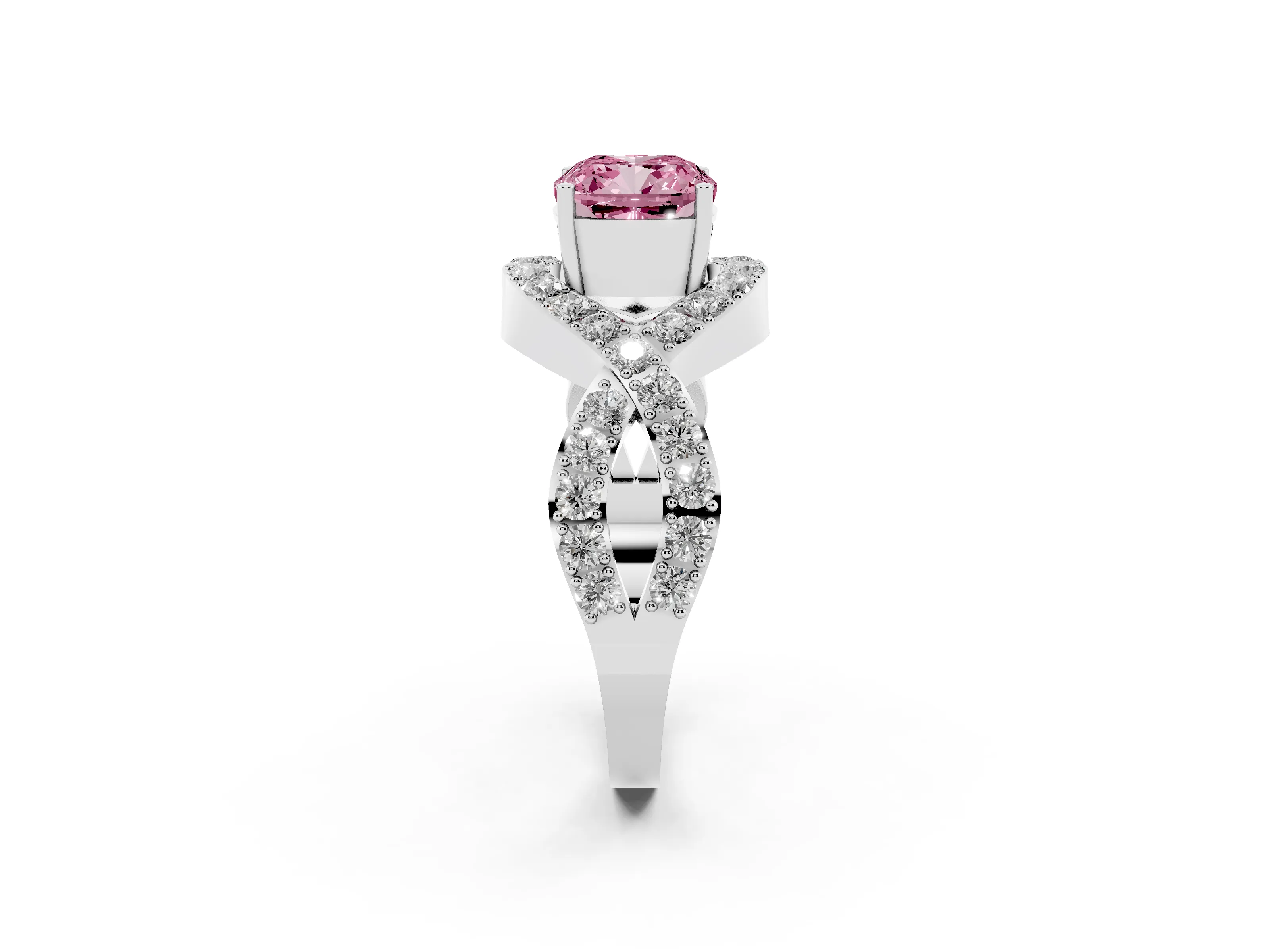 Fancy Pink Cushion Cut Diamond Solitaire Twist Band Pavé Engagement Ring Set in Platinum