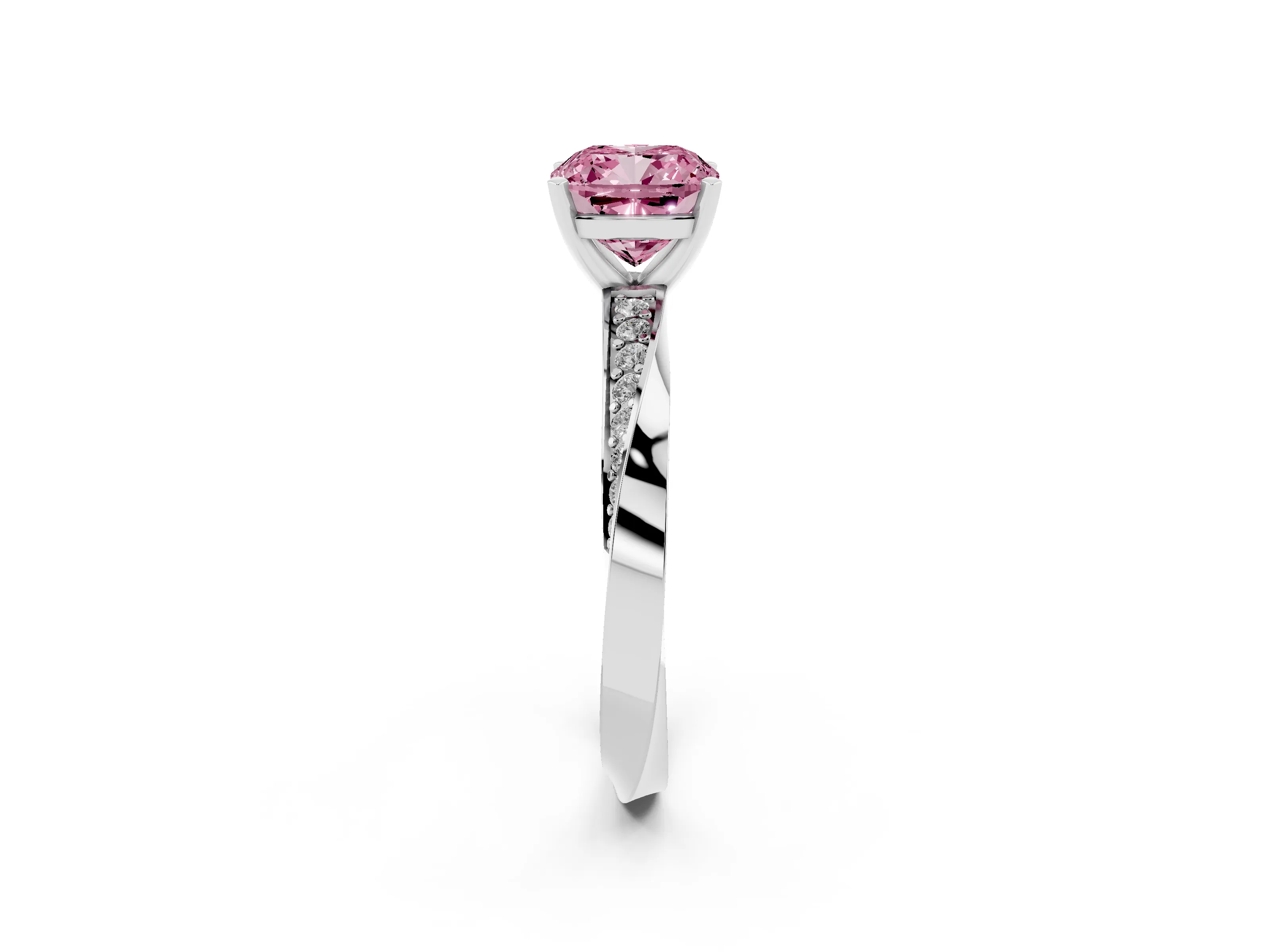 Fancy Pink Cushion Cut Diamond Engagement Ring Set in Platinum with Side Stone Accents and Prong Setting
