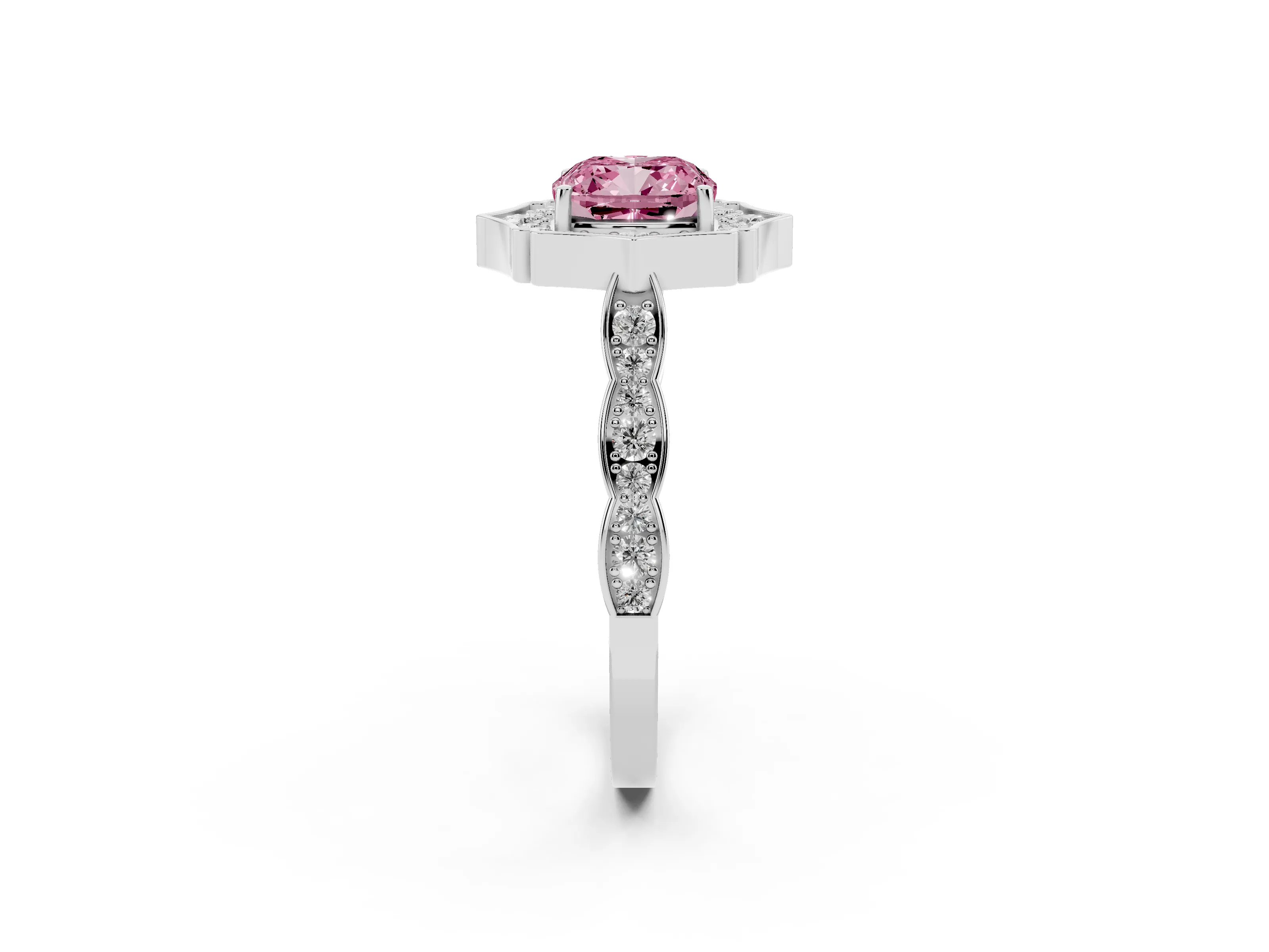 Fancy Pink Cushion Cut Diamond Halo Engagement Ring Set in Platinum with Milgrain Band and Prong Setting
