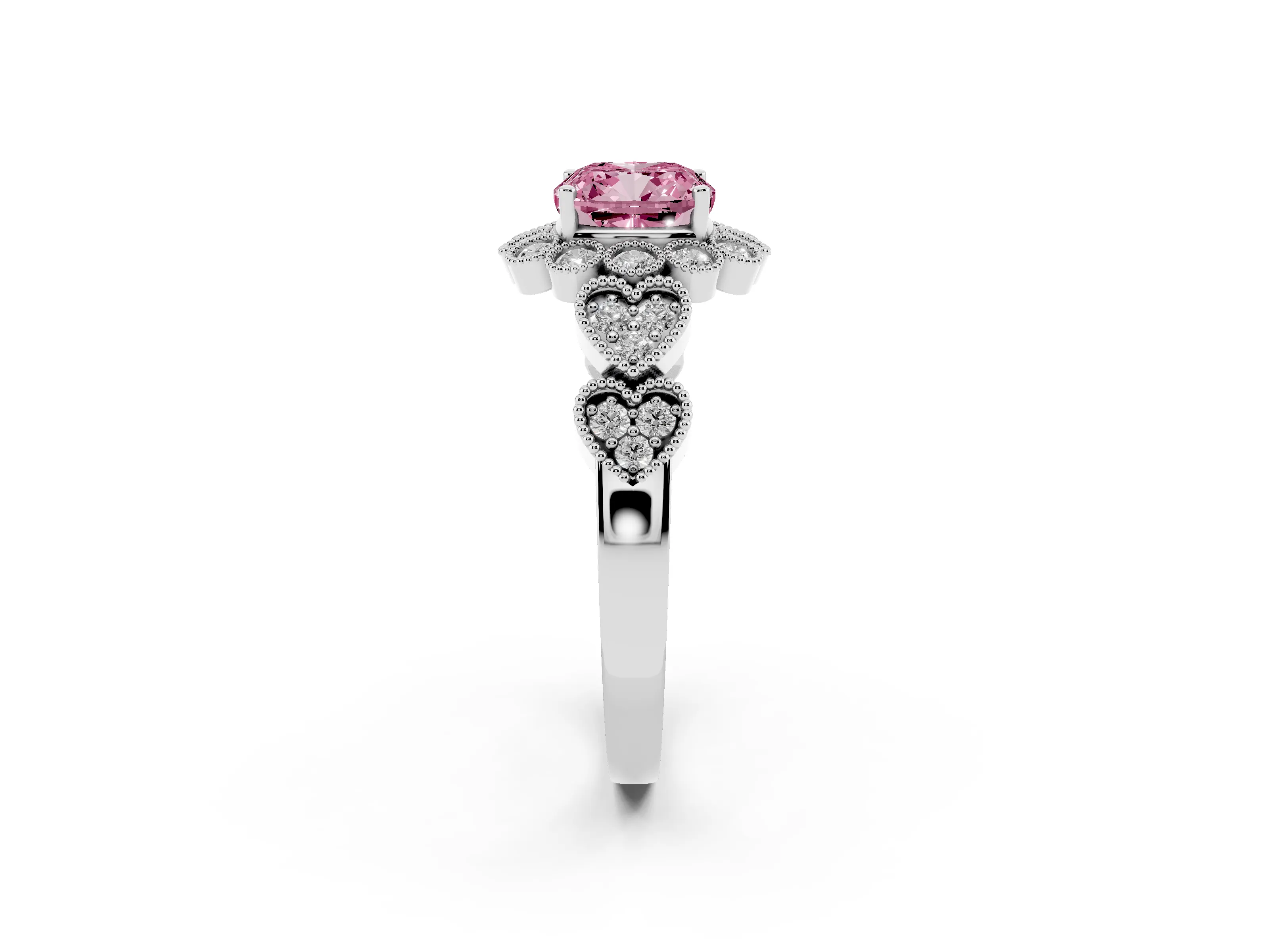 Fancy Pink Cushion Cut Diamond Solitaire Ring Set in Silver with Milgrain Pavé Heart Band