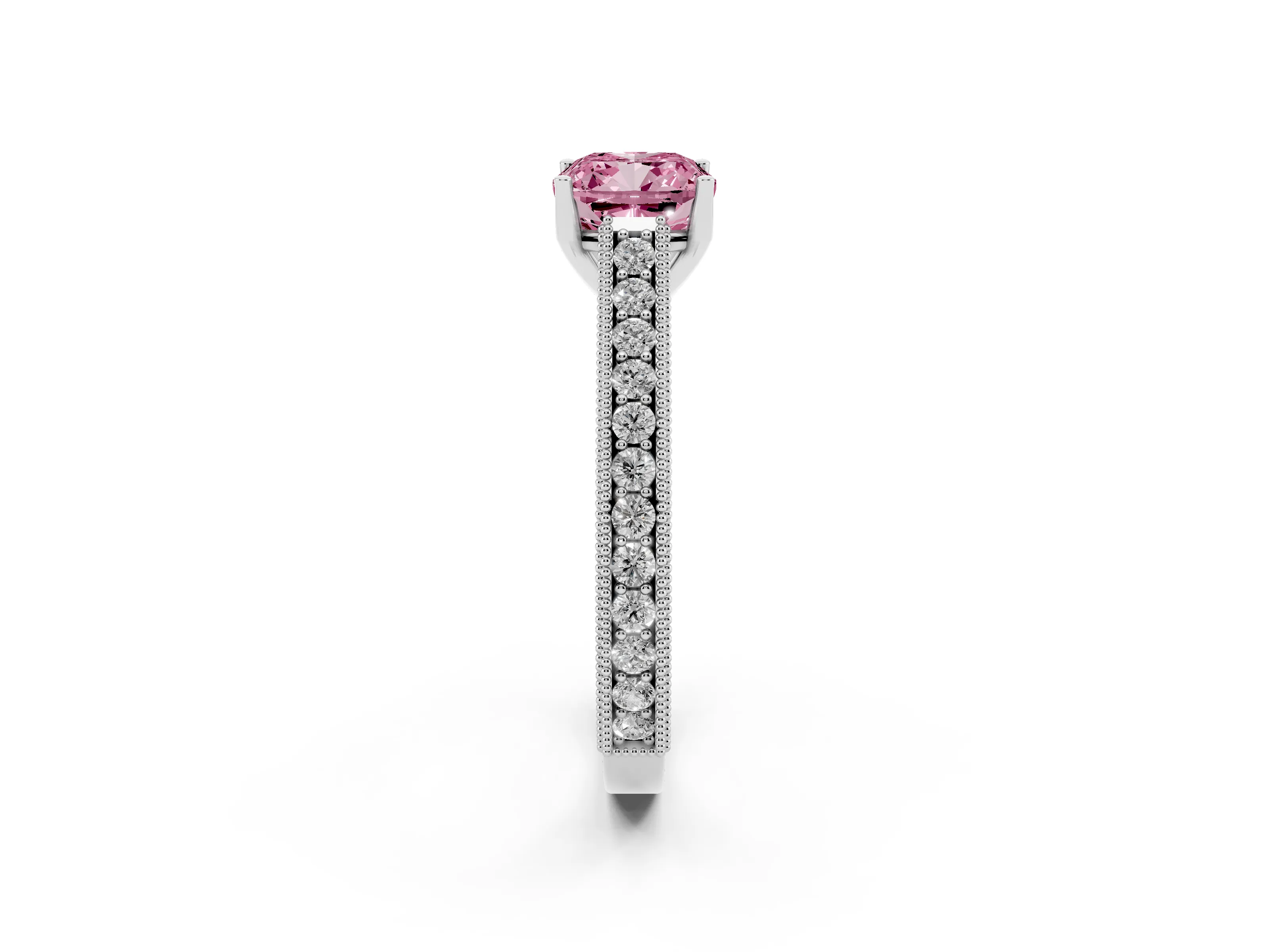 Fancy Pink Cushion Cut Diamond Milgrain Pavé Band Solitaire Ring Set in White gold with Prong Setting