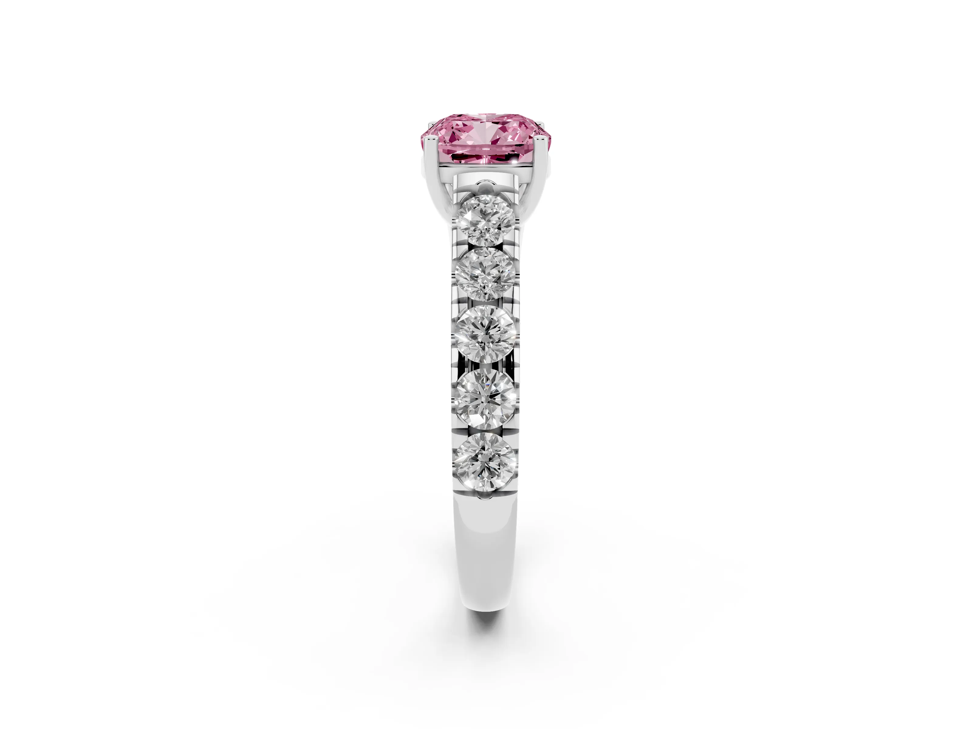 Fancy Pink Cushion Cut Diamond Solitaire Ring Set in Platinum with Cut-Down Micro Pavé Band and Prong Setting