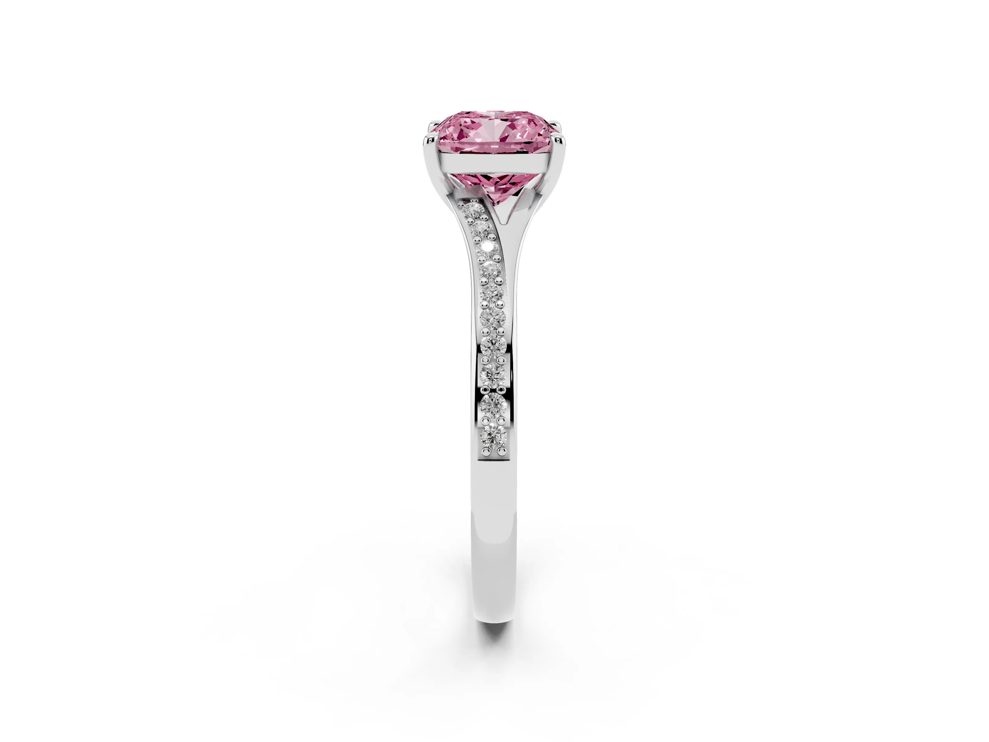 Fancy Pink Cushion Cut Diamond Solitaire Ring Set in Platinum with Pavé Accent Band and Classic Prong Setting