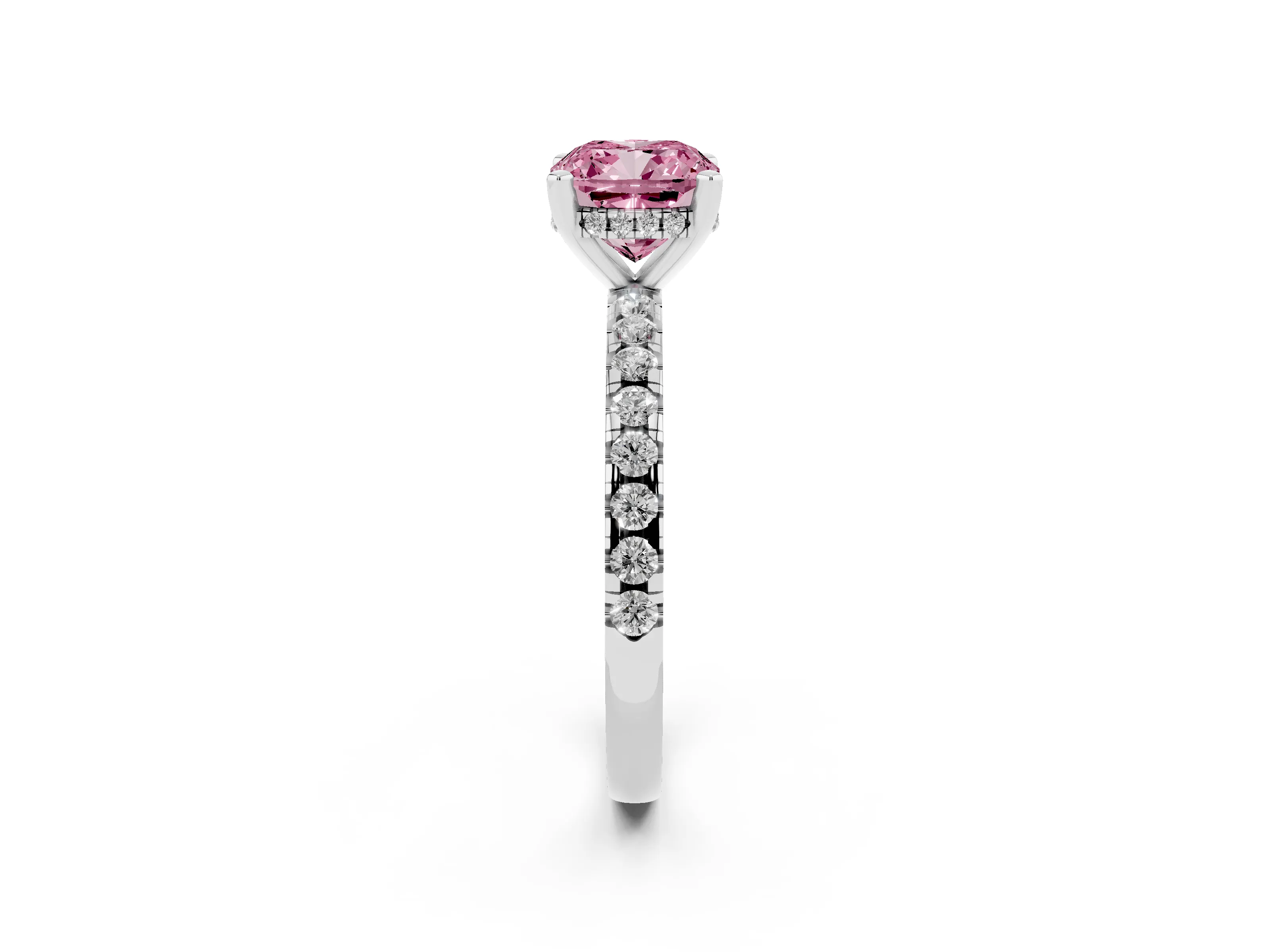 Fancy Pink Cushion Cut Diamond Pavé Solitaire Ring Set in White gold with Round Band Accents and Prong Setting