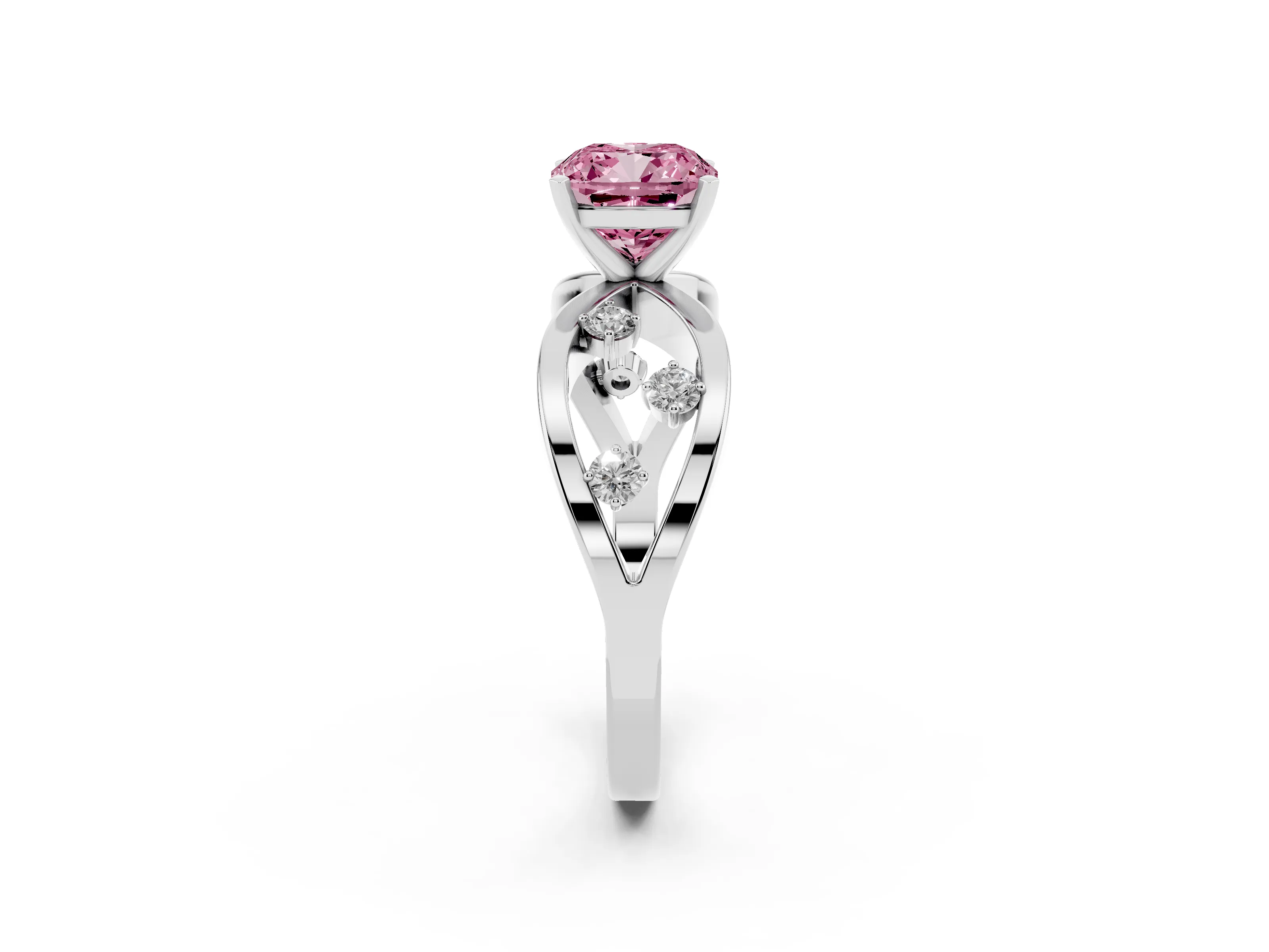 Fancy Pink Cushion Cut Diamond Solitaire Ring Set in Silver with Side Stones on Criss-Cross Band and Prong Setting