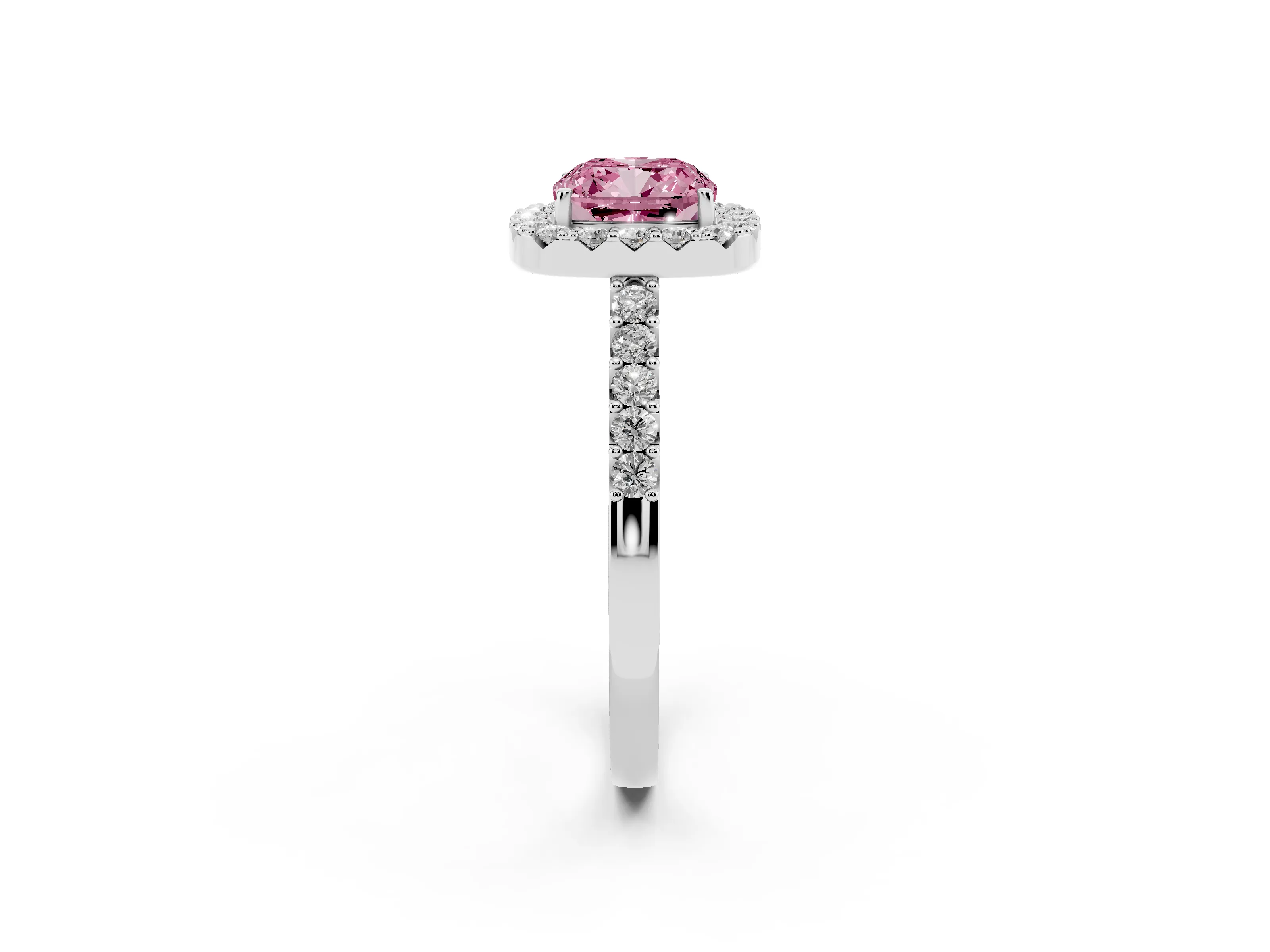 Fancy Pink Cushion Cut Diamond Halo Pavé Solitaire Ring Set in Silver with Prong-Set Center Stone