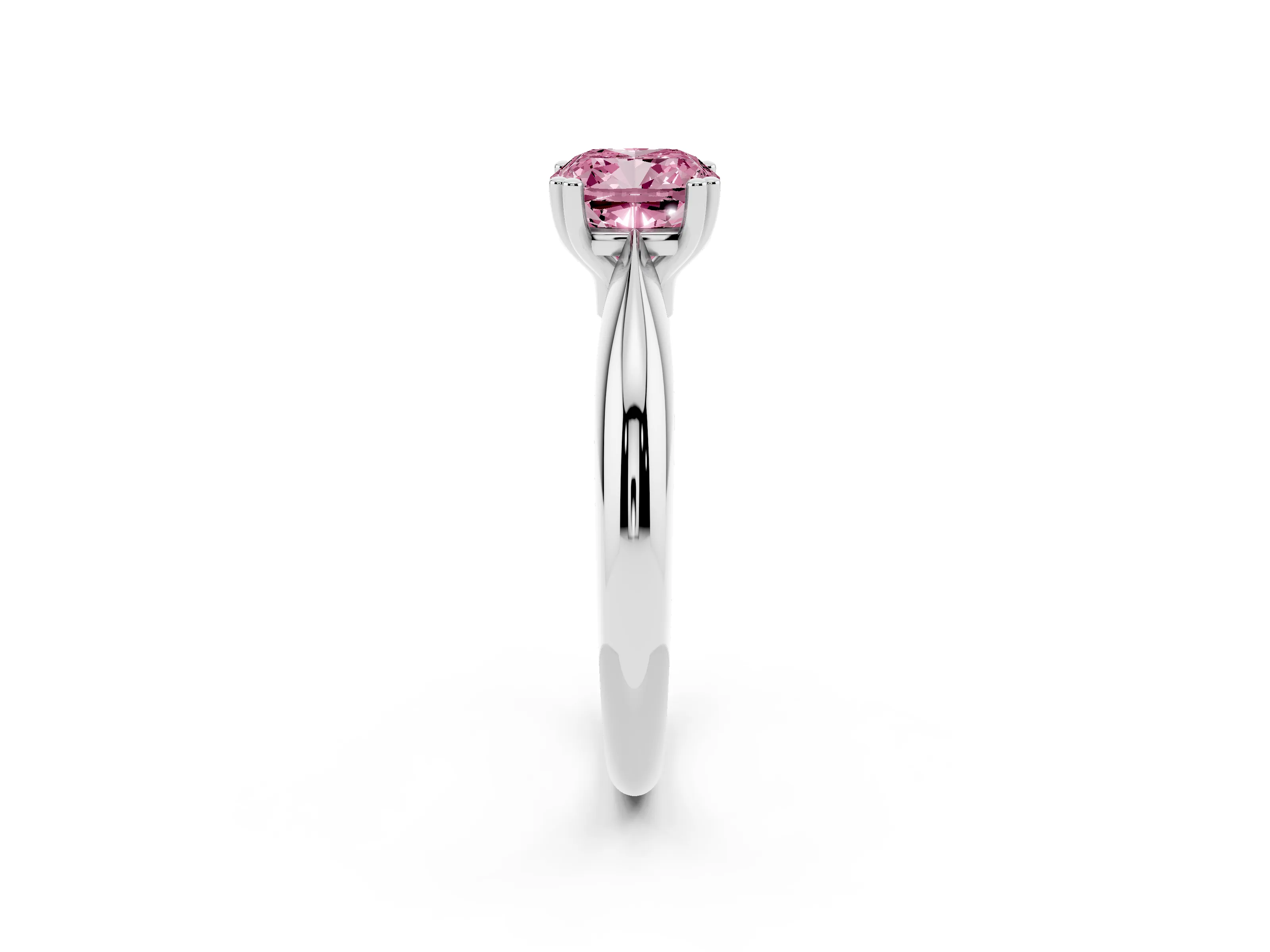 Fancy Pink Cushion Cut Diamond Solitaire Engagement Ring Set in White gold with Tapered Band and Prong Setting