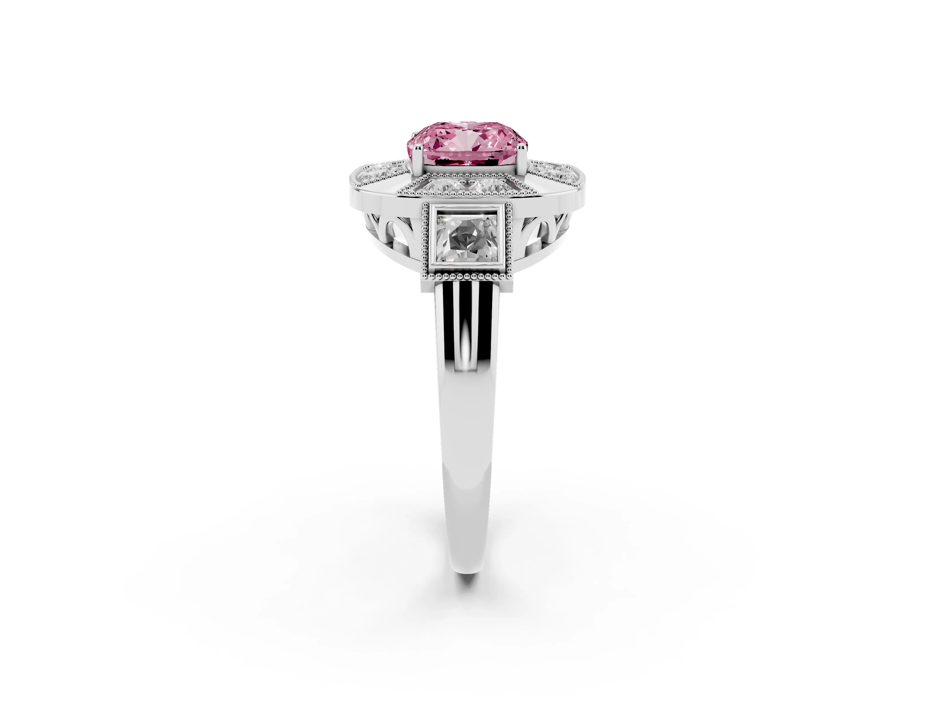 Fancy Pink Cushion Cut Diamond Milgrain Halo Ring Set in White gold with Split Shank