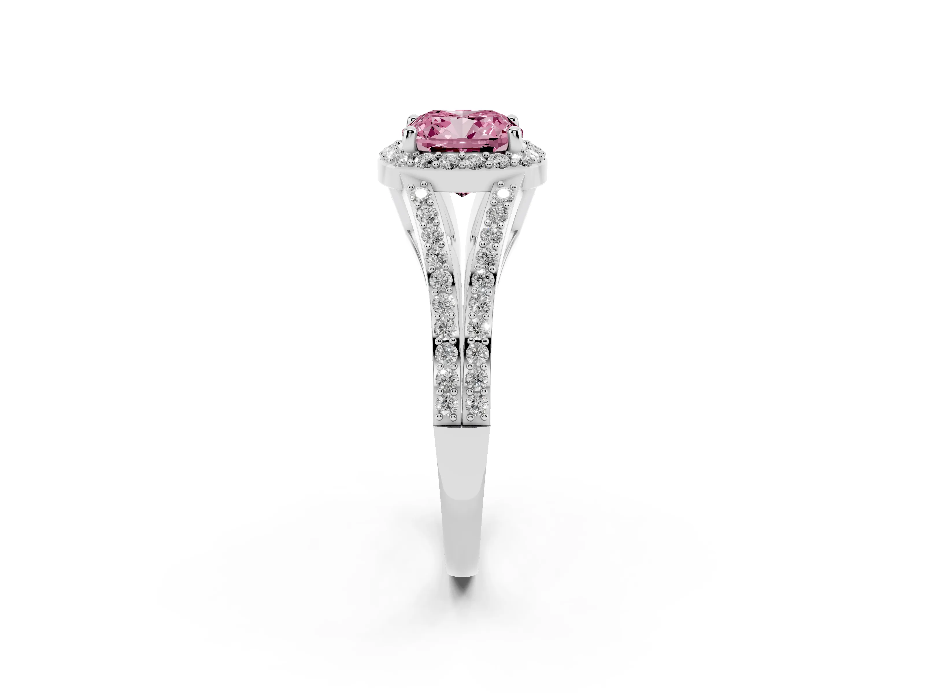 Fancy Pink Cushion Cut Diamond Halo Split Shank Ring Set in White gold with Accent Stones and Prong Setting