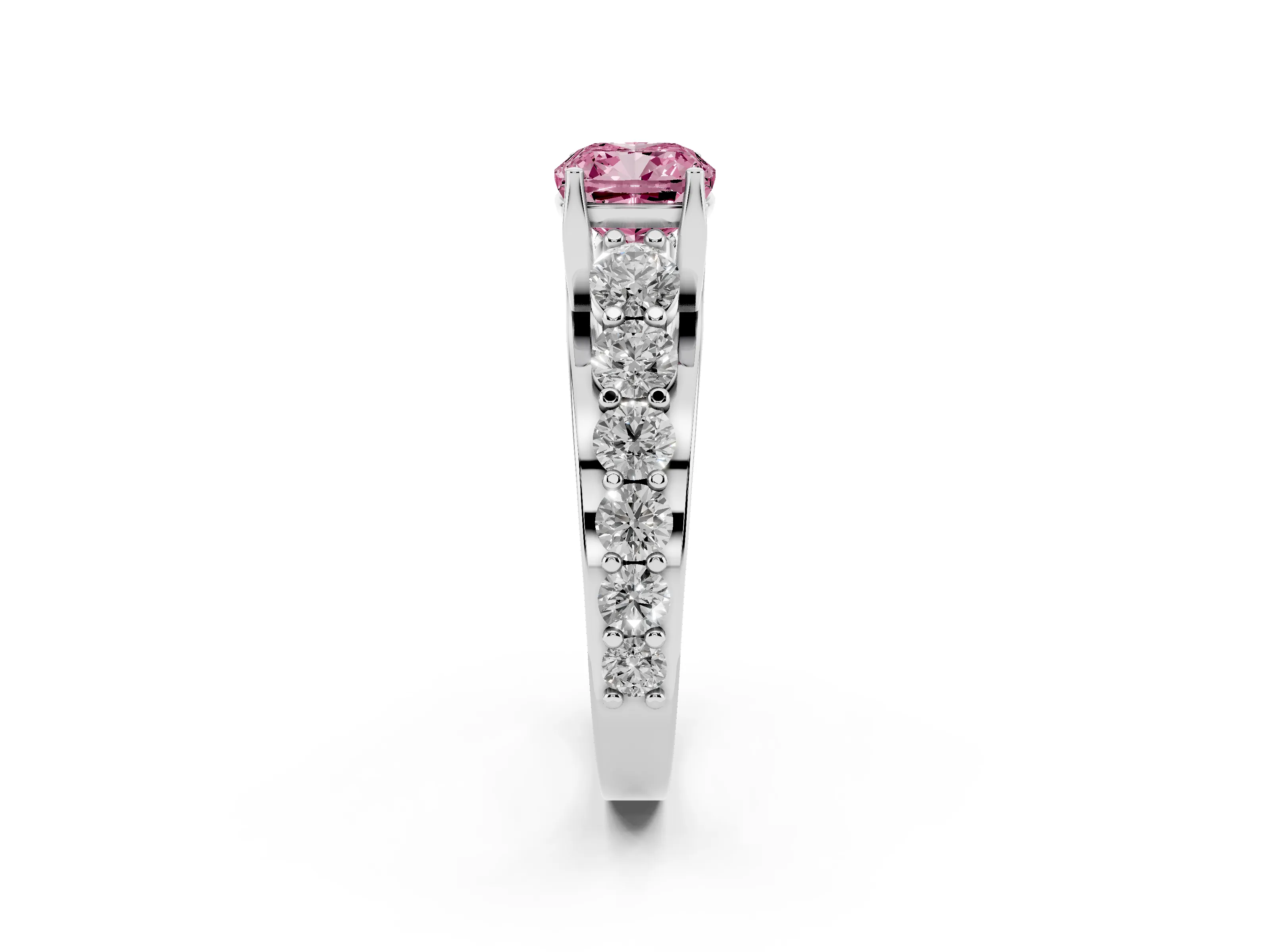 Fancy Pink Cushion Cut Diamond Pavé Engagement Ring Set in Silver with Prong Setting