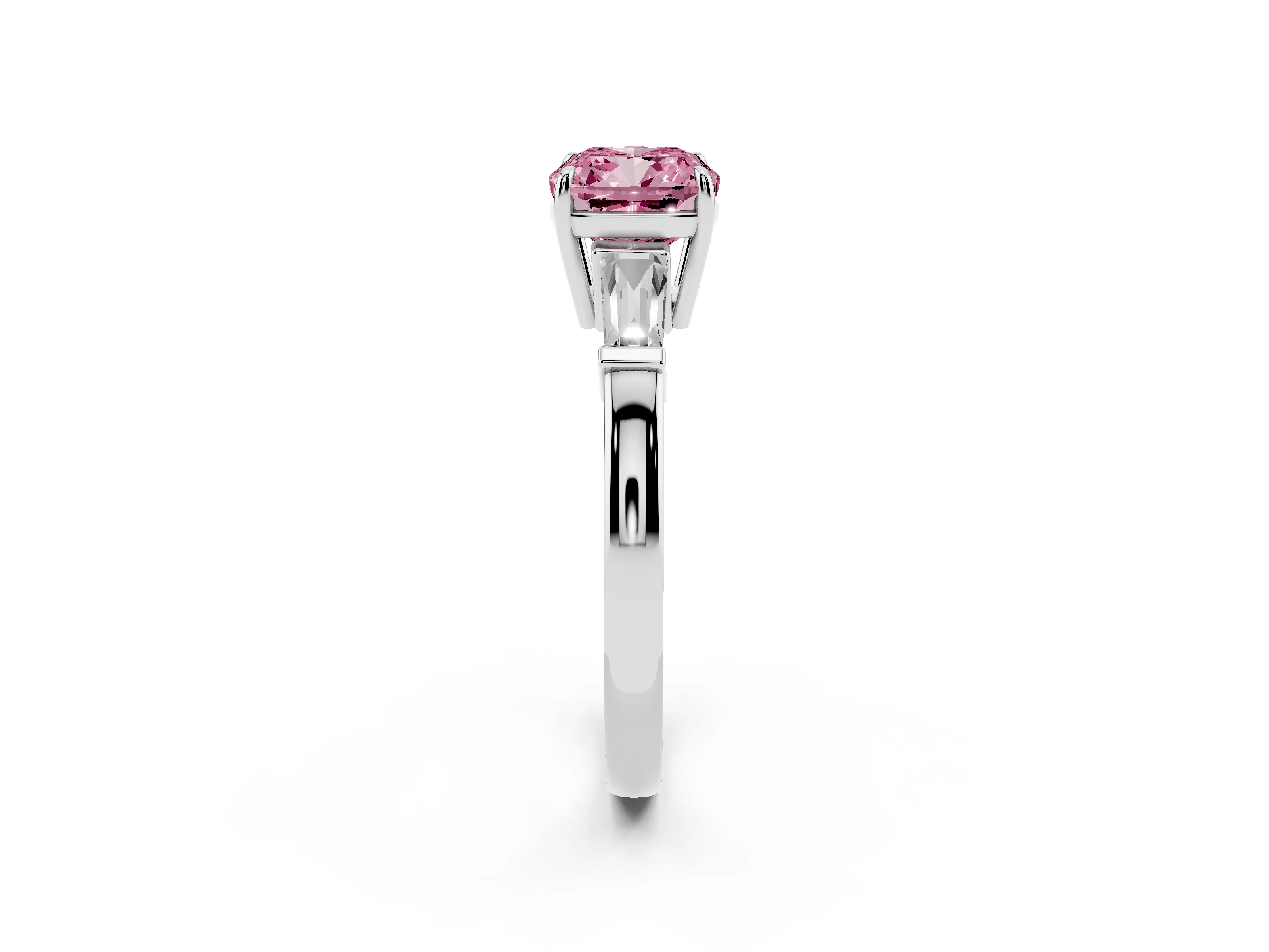 Fancy Pink Cushion Cut Diamond Three-Stone Ring Set in Platinum with Tapered Baguette Side Stones and Prong Setting
