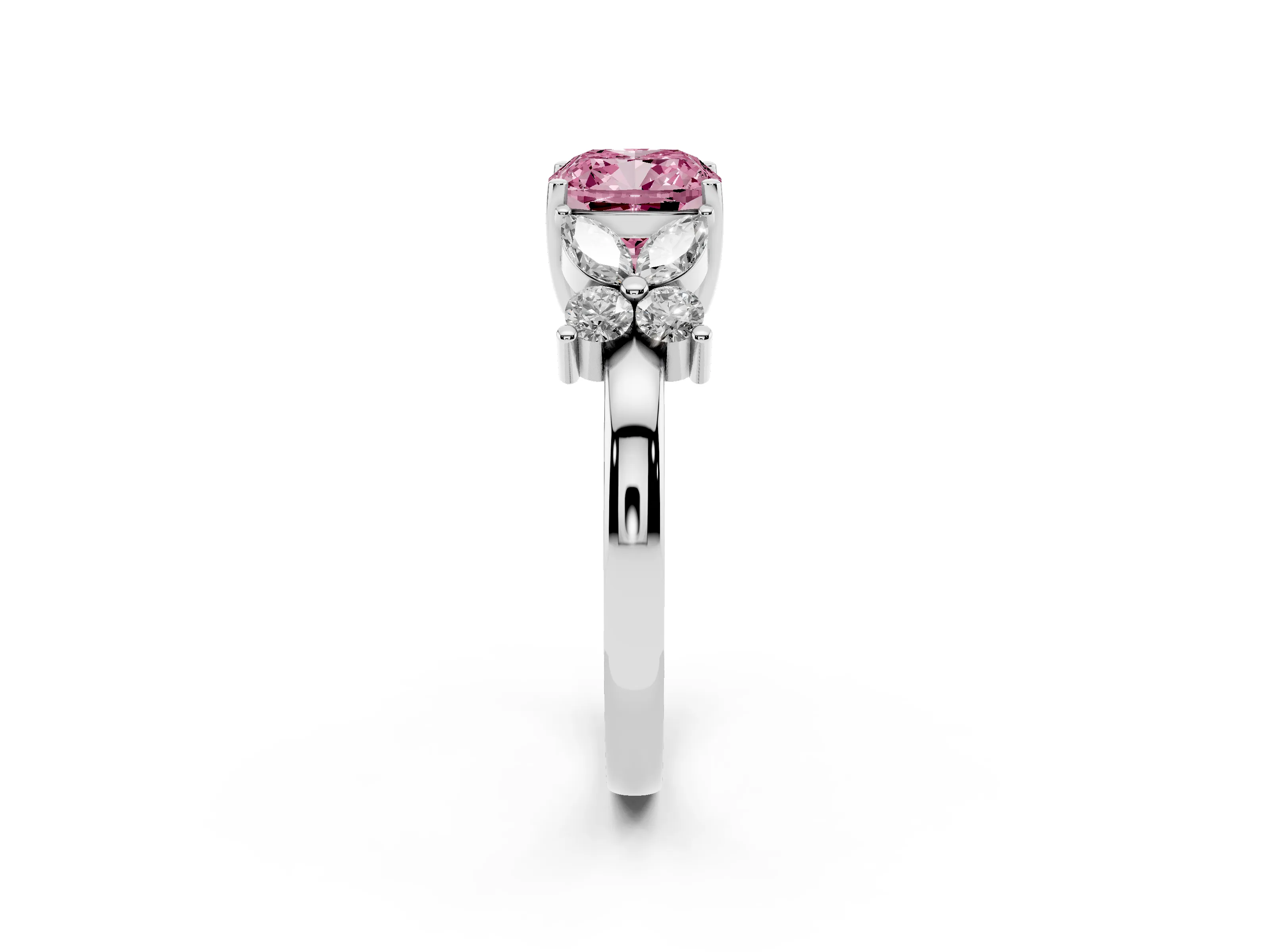 Fancy Pink Cushion Cut Diamond Floral Cluster Ring Set in Silver with Marquise Petals and Prong Setting