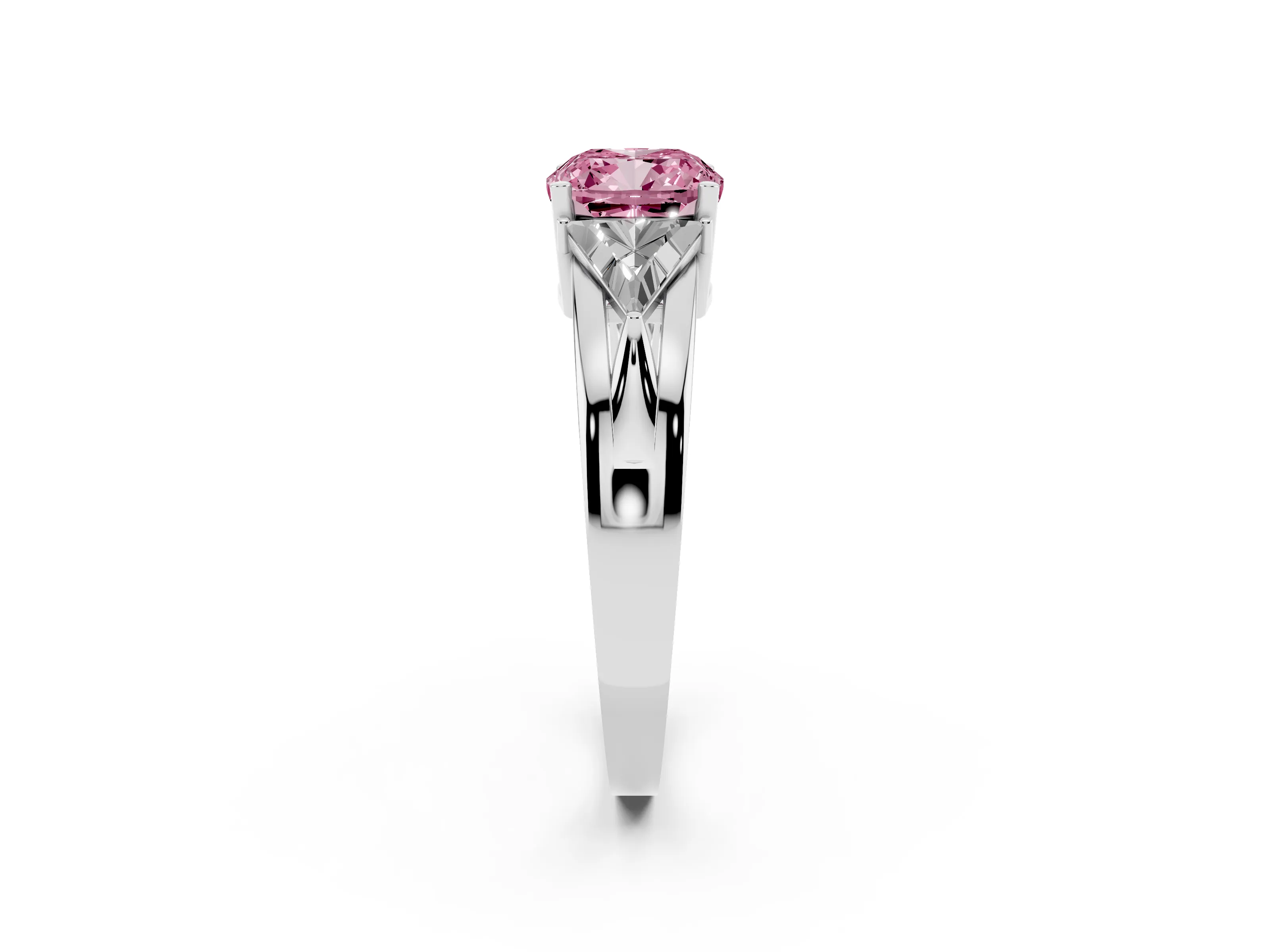 Fancy Pink Cushion Cut Diamond Three-Stone Ring Set in White gold with Trillion Side Stones and Split Shank