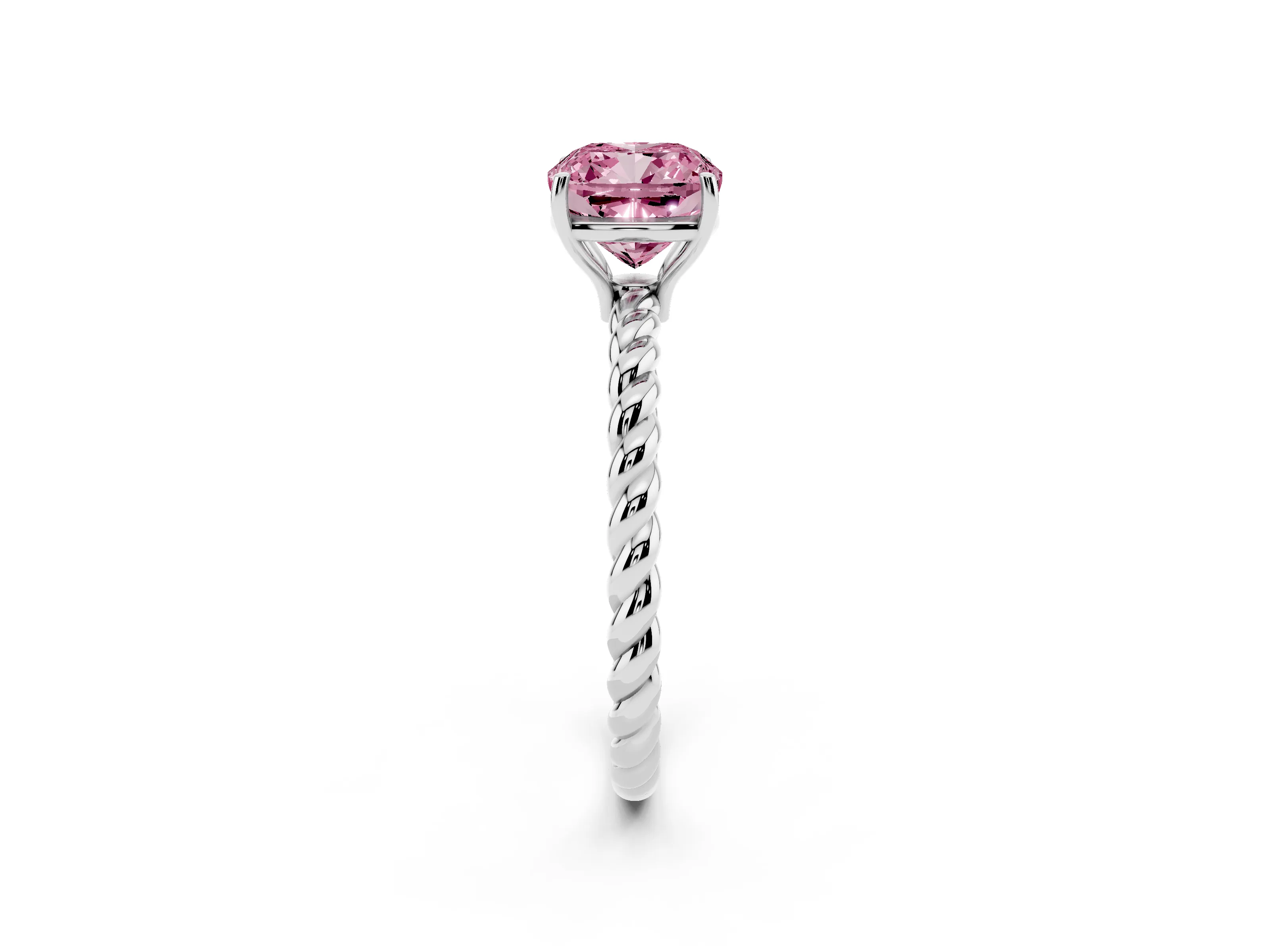 Fancy Pink Cushion Cut Diamond Solitaire Ring Set in White gold with Twist Band and Prong Setting