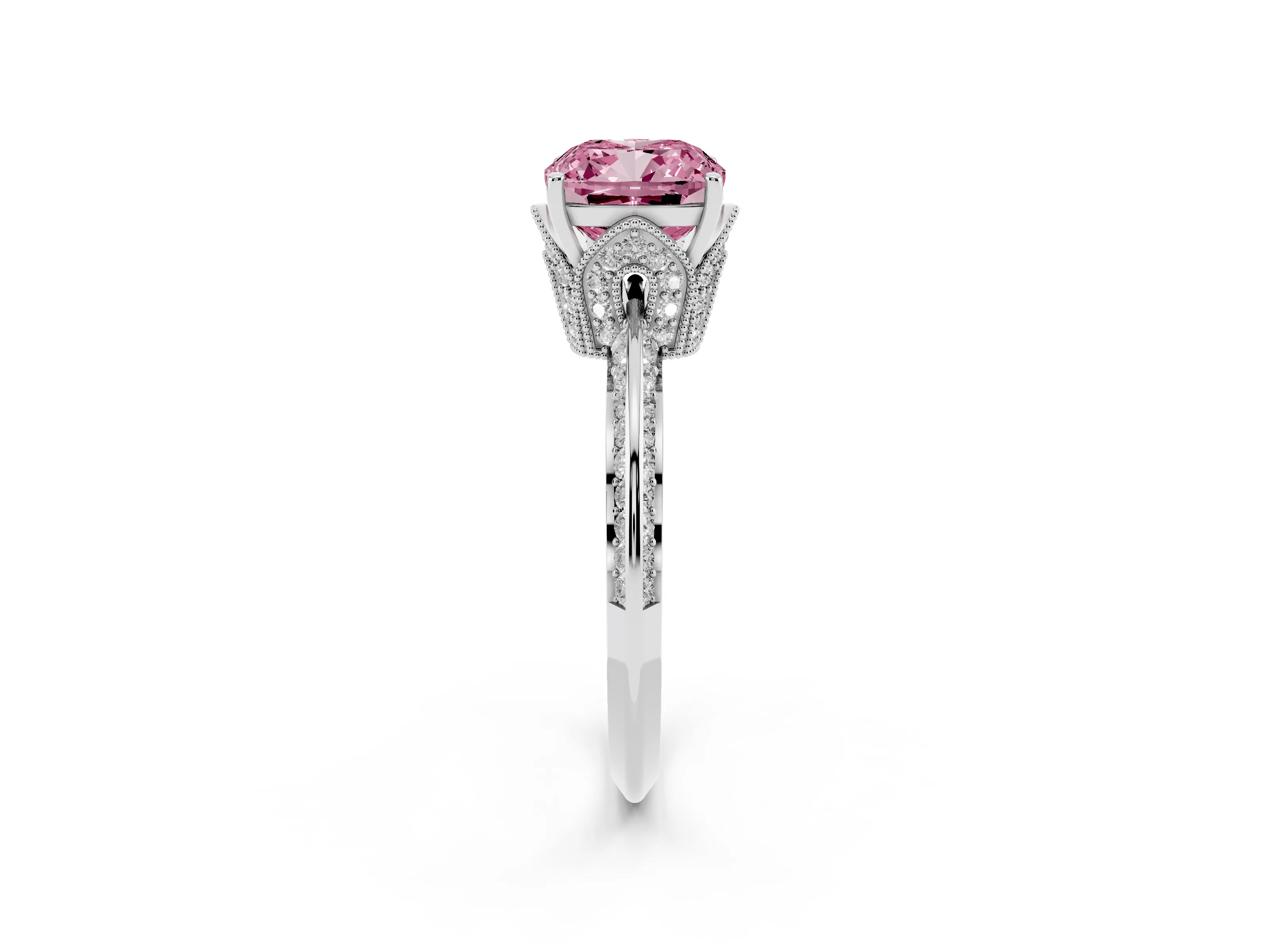Fancy Pink Cushion Cut Diamond Solitaire Engagement Ring Set in Platinum with Pavé Split Shank and Prong Setting