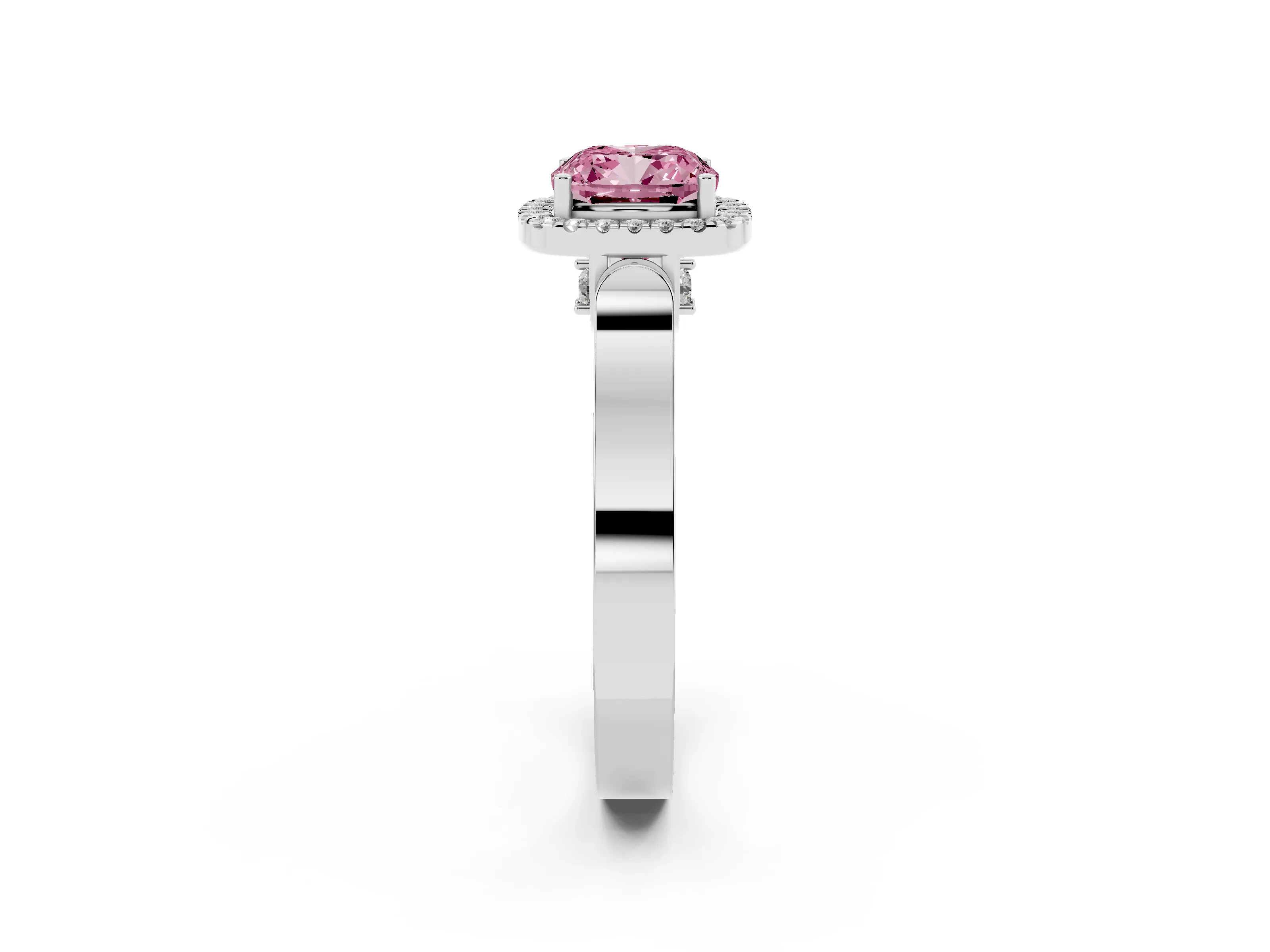 Fancy Pink Cushion Cut Diamond Halo Ring Set in Platinum with Pavé-Lined Split Shank Band