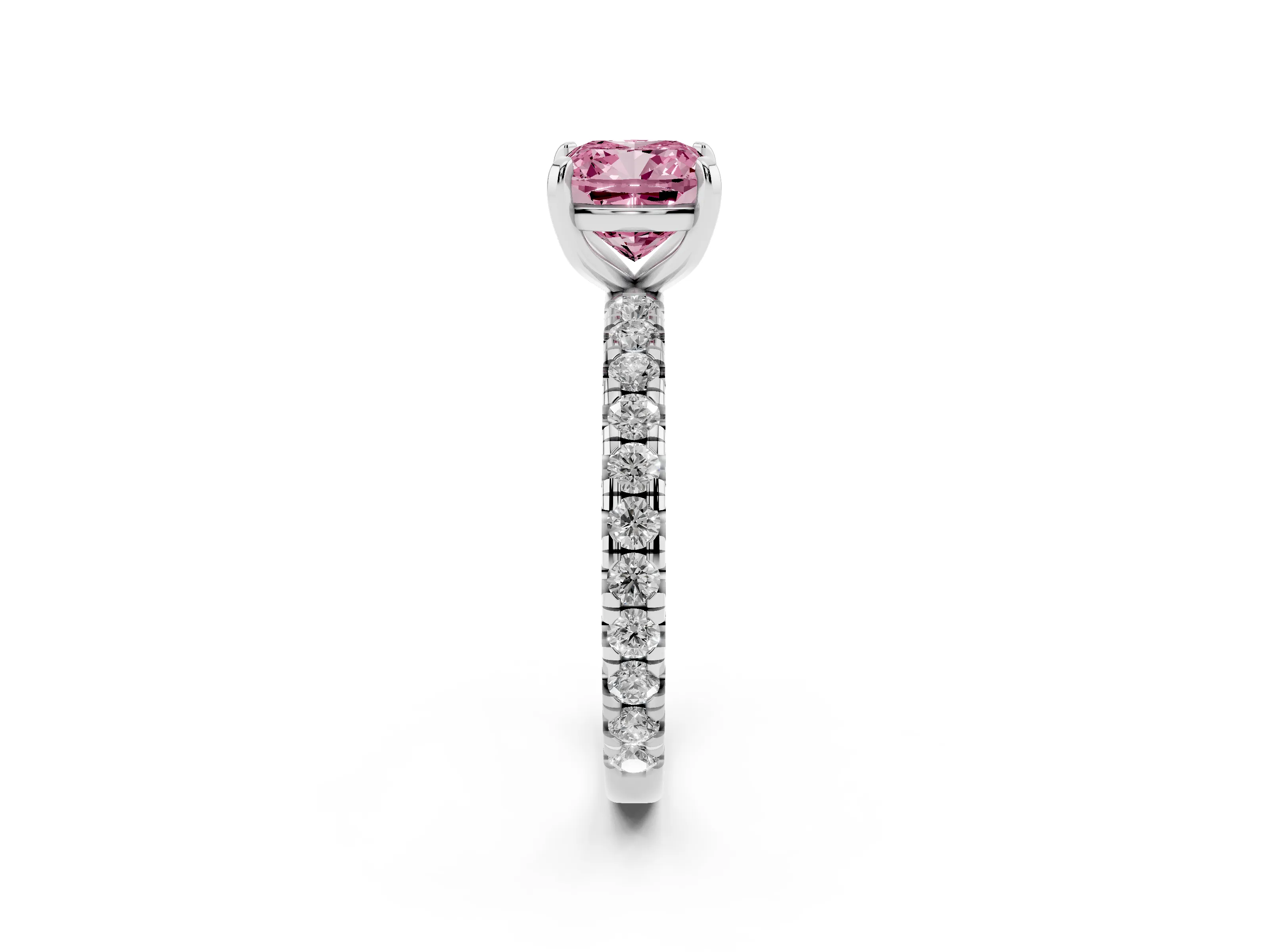 Fancy Pink Cushion Cut Diamond Pavé Solitaire Ring Set in Platinum with Round Band and Prong Setting