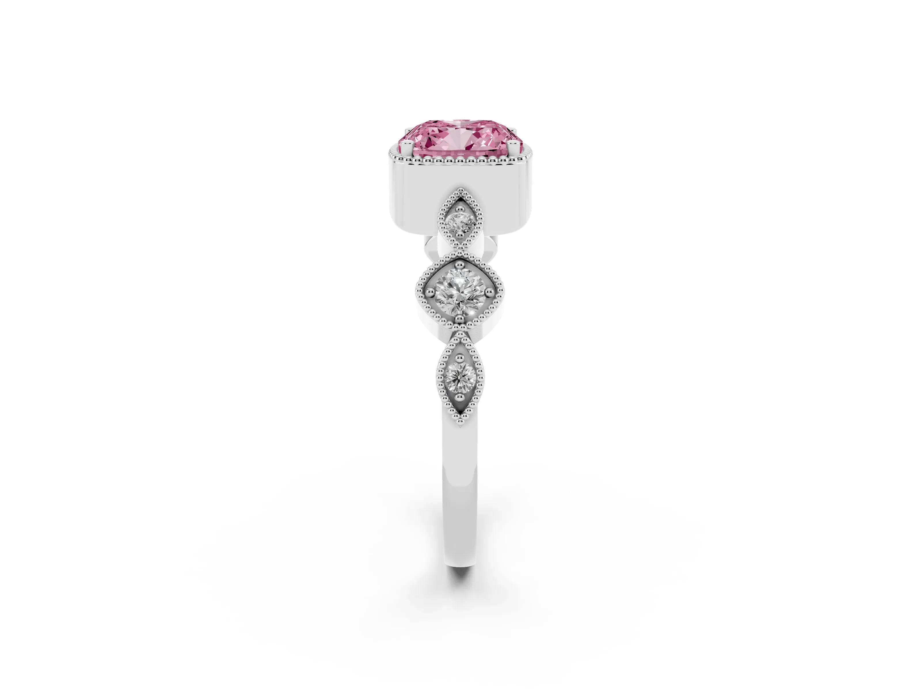 Fancy Pink Cushion Cut Diamond Vintage-Inspired Milgrain Ring Set in White gold with Marquise Stations of Round Accents