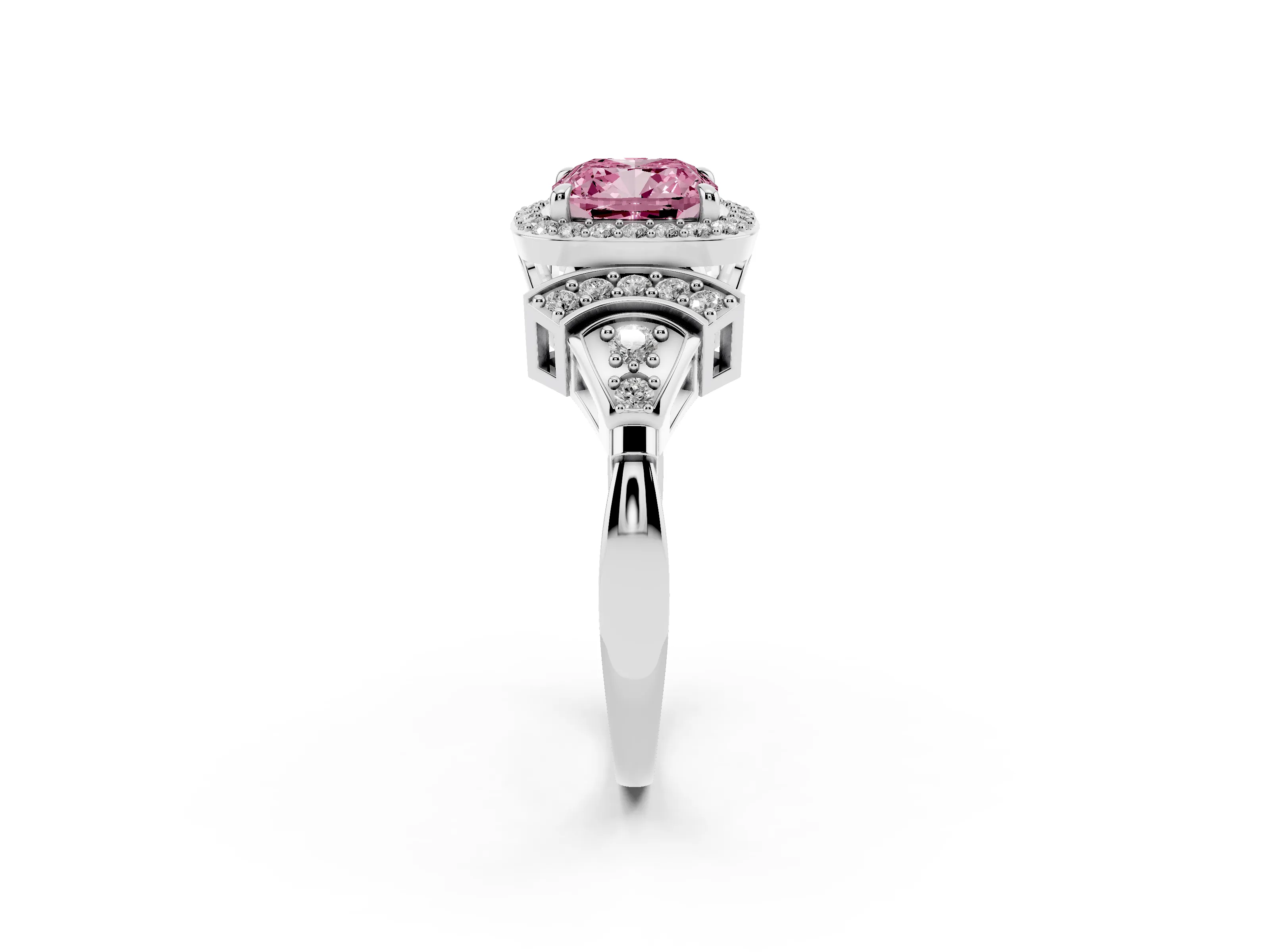 Fancy Pink Cushion Cut Diamond Halo Engagement Ring Set in Platinum with Accent Stone Split Shank