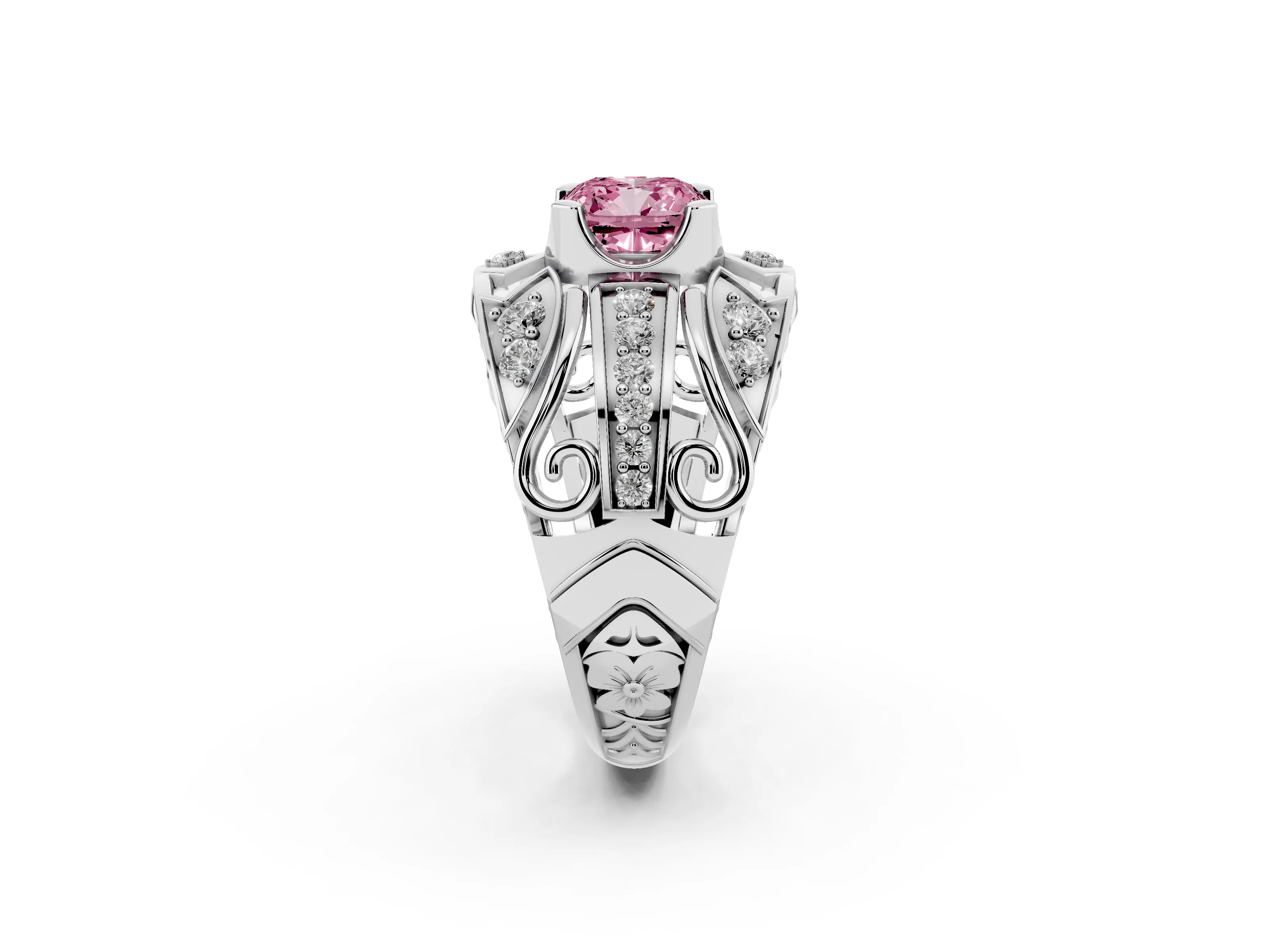 Fancy Pink Cushion Cut Diamond Art Deco Ring Set in Silver with Pavé Split Shank