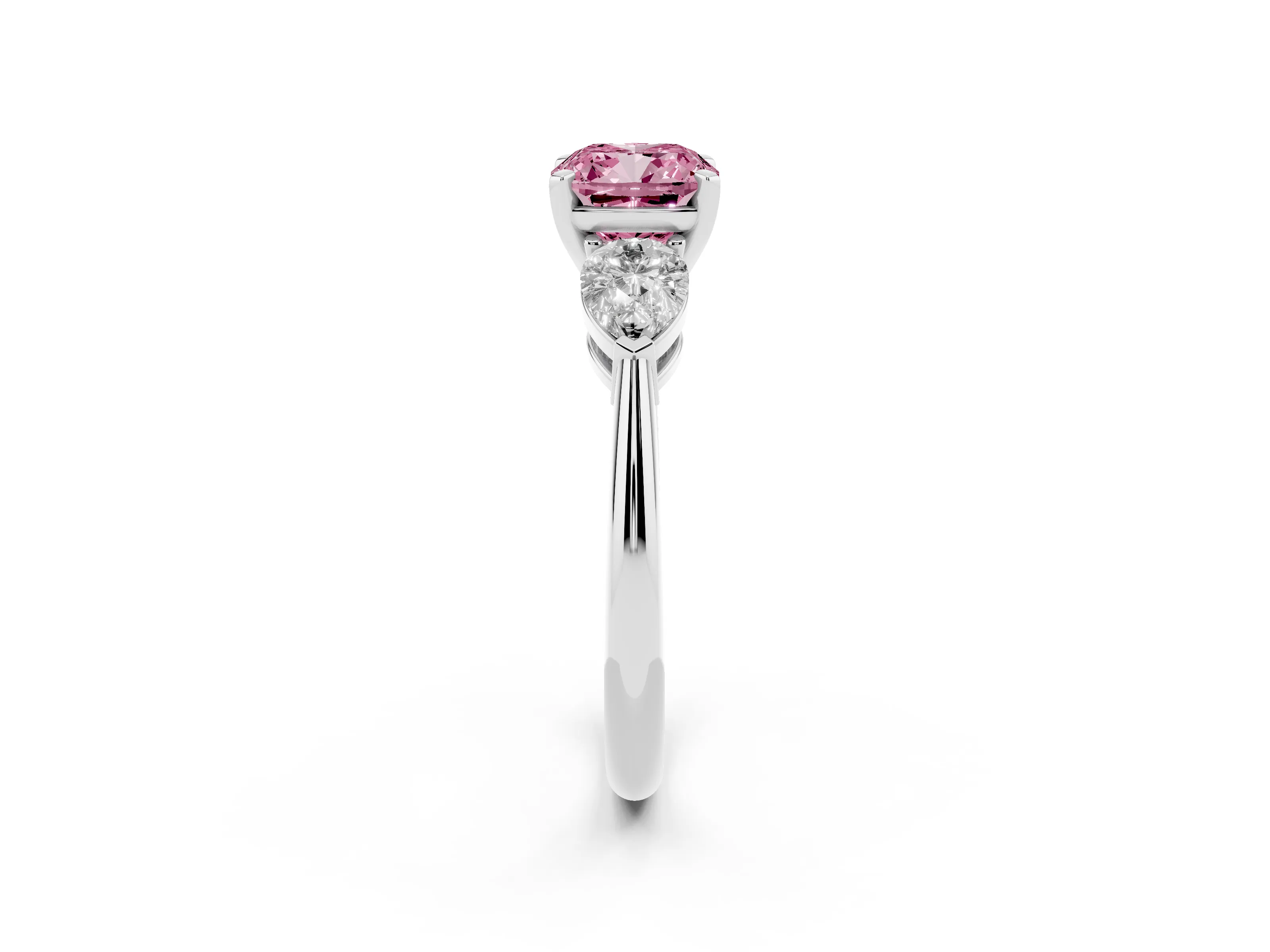 Fancy Pink Three-Stone Cushion Cut Diamond Ring Set in Platinum with Pear Side Stones and Prong Setting